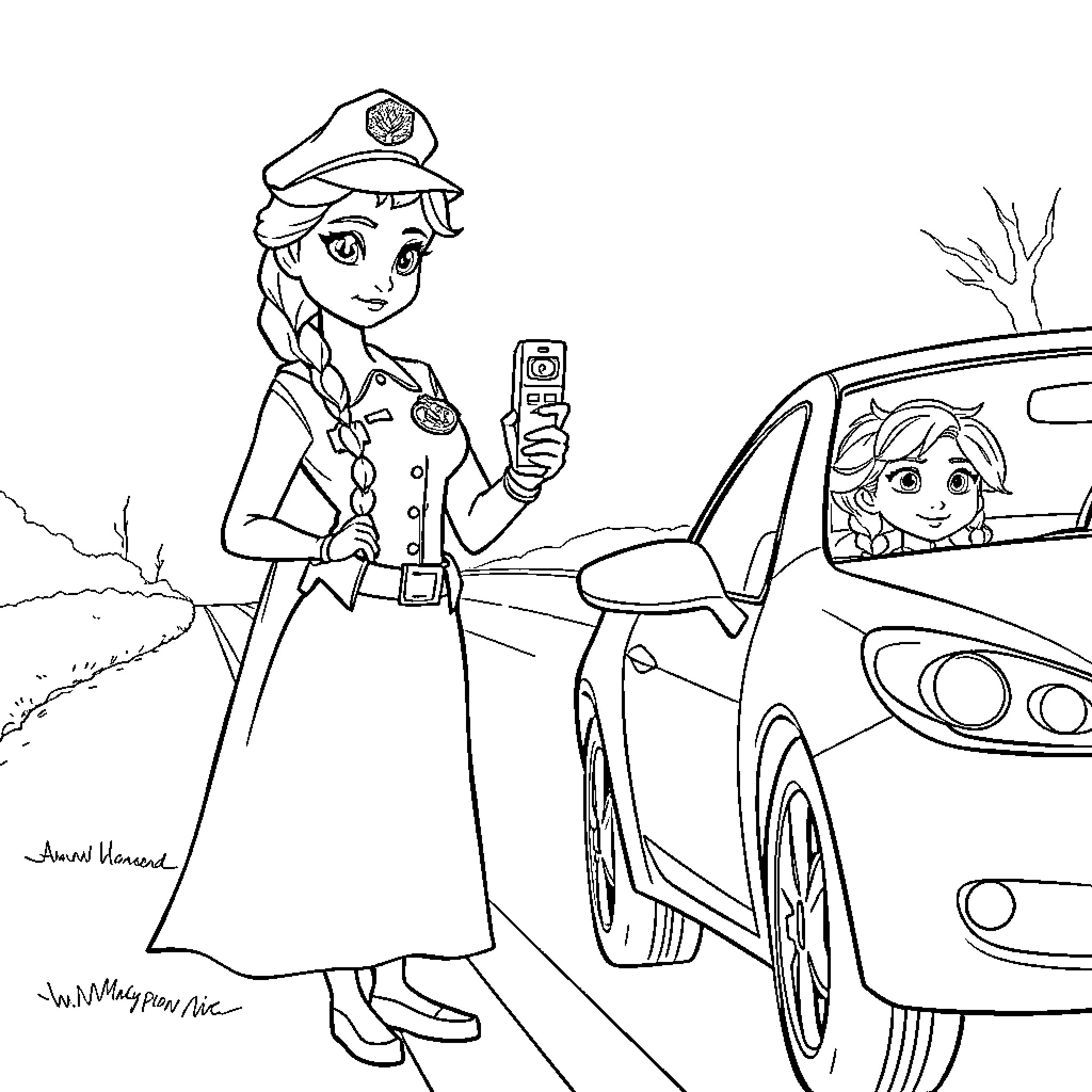 Elsa the Police Officer Assisting with a Vehicle Coloring Page (free black-and-white line drawing printable PDF for all, from beginners to advanced learners, including children, teens, adults, and seniors)