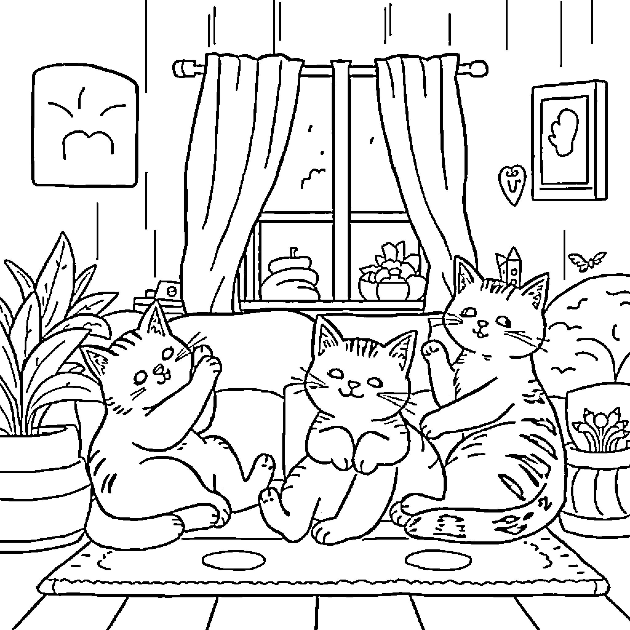 Cat friends playing together in room Coloring Page (free black-and-white line drawing printable PDF for all, from beginners to advanced learners, including children, teens, adults, and seniors)