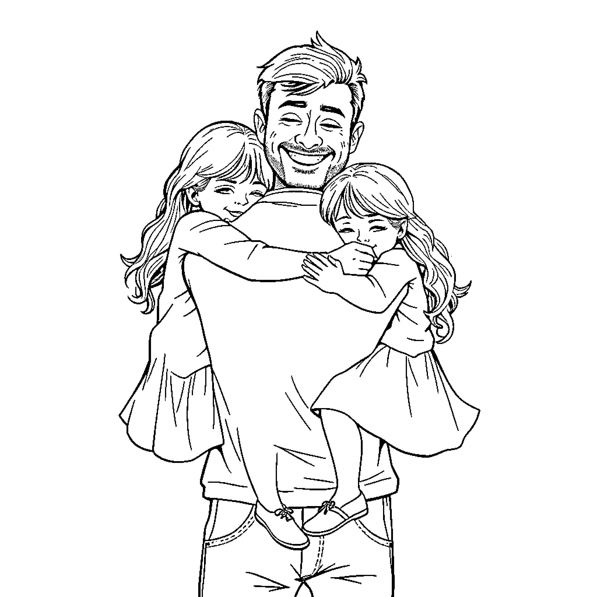 Dad hugging his two happy daughters Coloring Page (free black-and-white line drawing printable PDF for all, from beginners to advanced learners, including children, teens, adults, and seniors)
