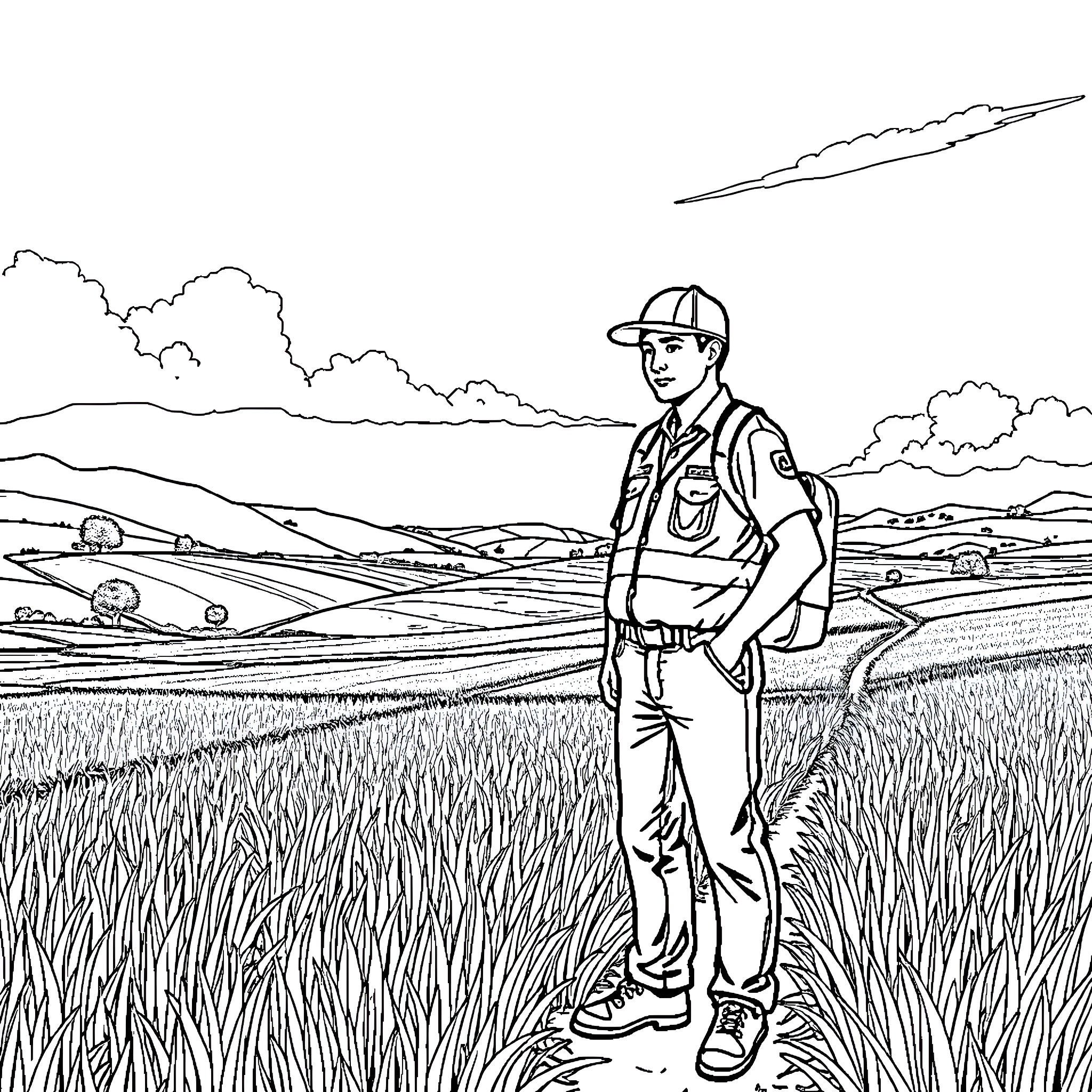 Employee in the Countryside Coloring Page (free black-and-white line drawing printable PDF for all, from beginners to advanced learners, including children, teens, adults, and seniors)