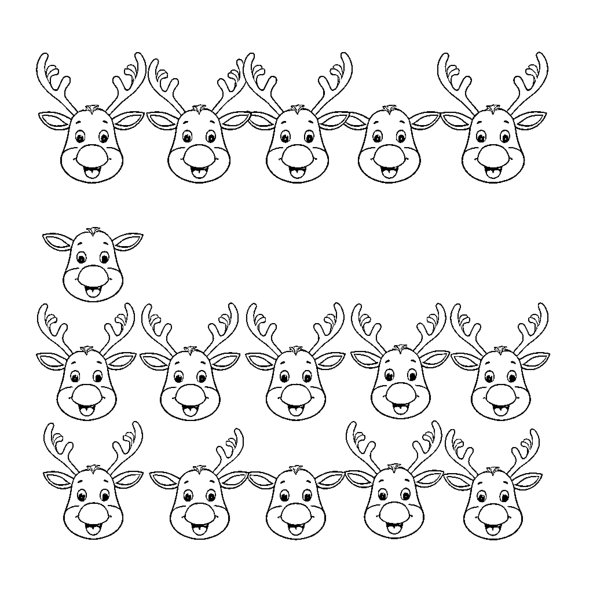 Reindeer with happy expressions and antlers Coloring Page (free black-and-white line drawing printable PDF for all, from beginners to advanced learners, including children, teens, adults, and seniors)