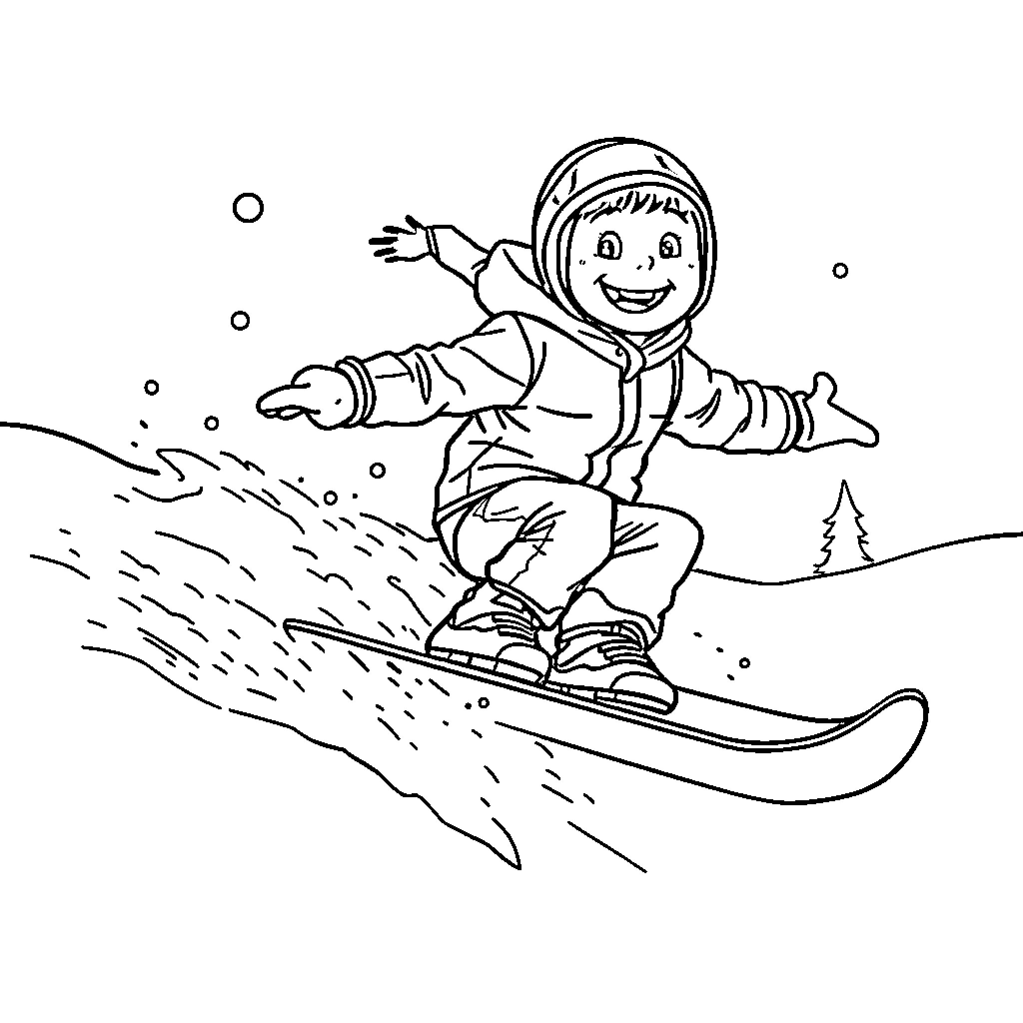 Kid snowboarding down snowy hill Coloring Page (free black-and-white line drawing printable PDF for all, from beginners to advanced learners, including children, teens, adults, and seniors)