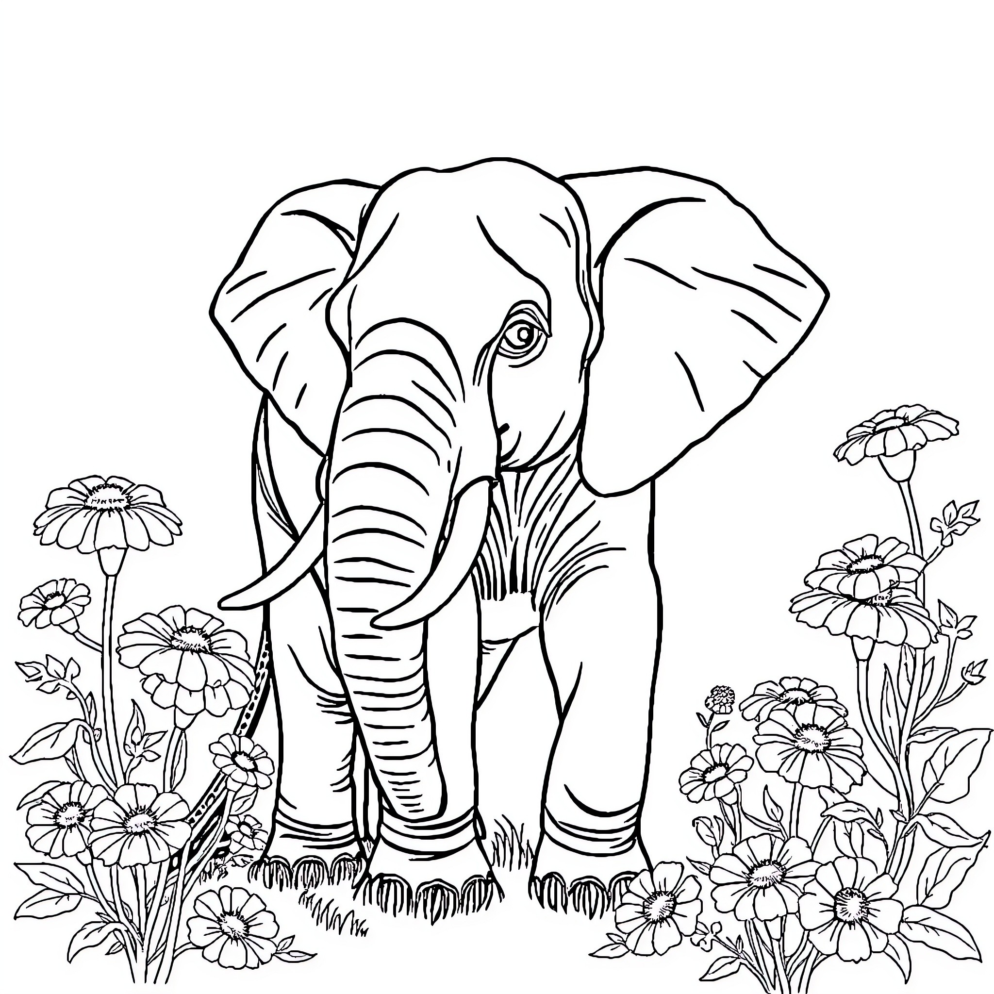 Elephant amidst floral garden Coloring Page (free black-and-white line drawing printable PDF for all, from beginners to advanced learners, including children, teens, adults, and seniors)