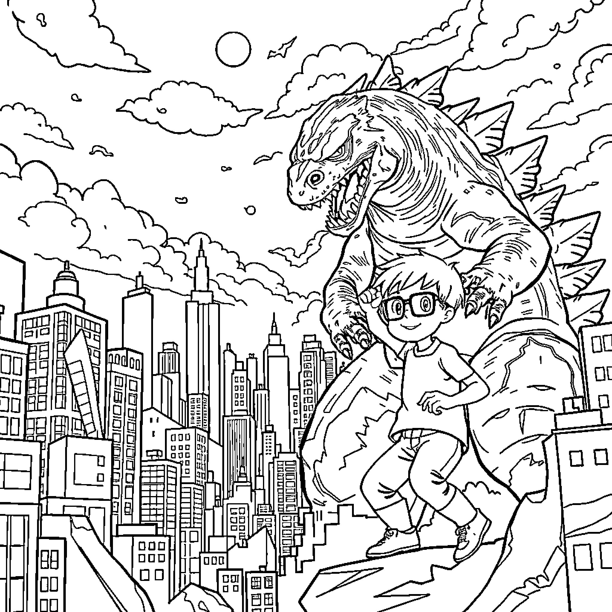 Boy facing a giant monster in the city Coloring Page (free black-and-white line drawing printable PDF for all, from beginners to advanced learners, including children, teens, adults, and seniors)