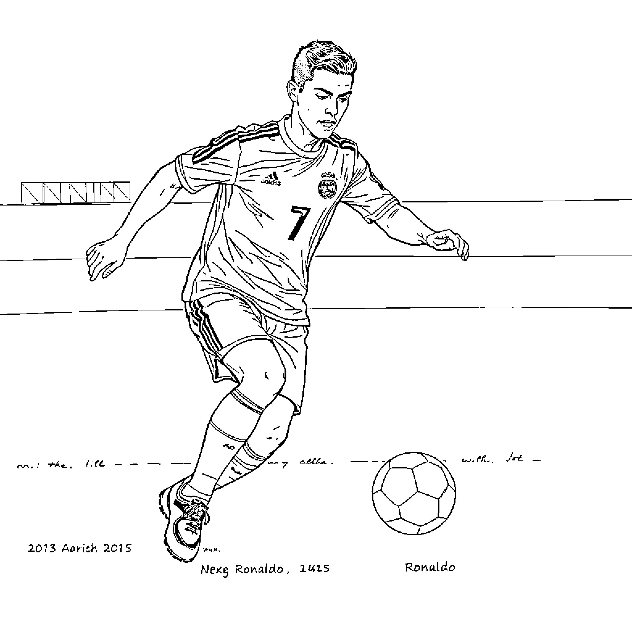 Ronaldo playing soccer on the field Coloring Page (free black-and-white line drawing printable PDF for all, from beginners to advanced learners, including children, teens, adults, and seniors)