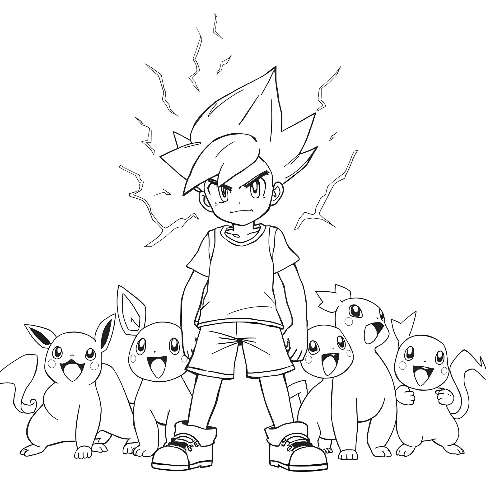 Ash Ketchum and Pokémon Friends on an Adventure Coloring Page (free black-and-white line drawing printable PDF for all, from beginners to advanced learners, including children, teens, adults, and seniors)