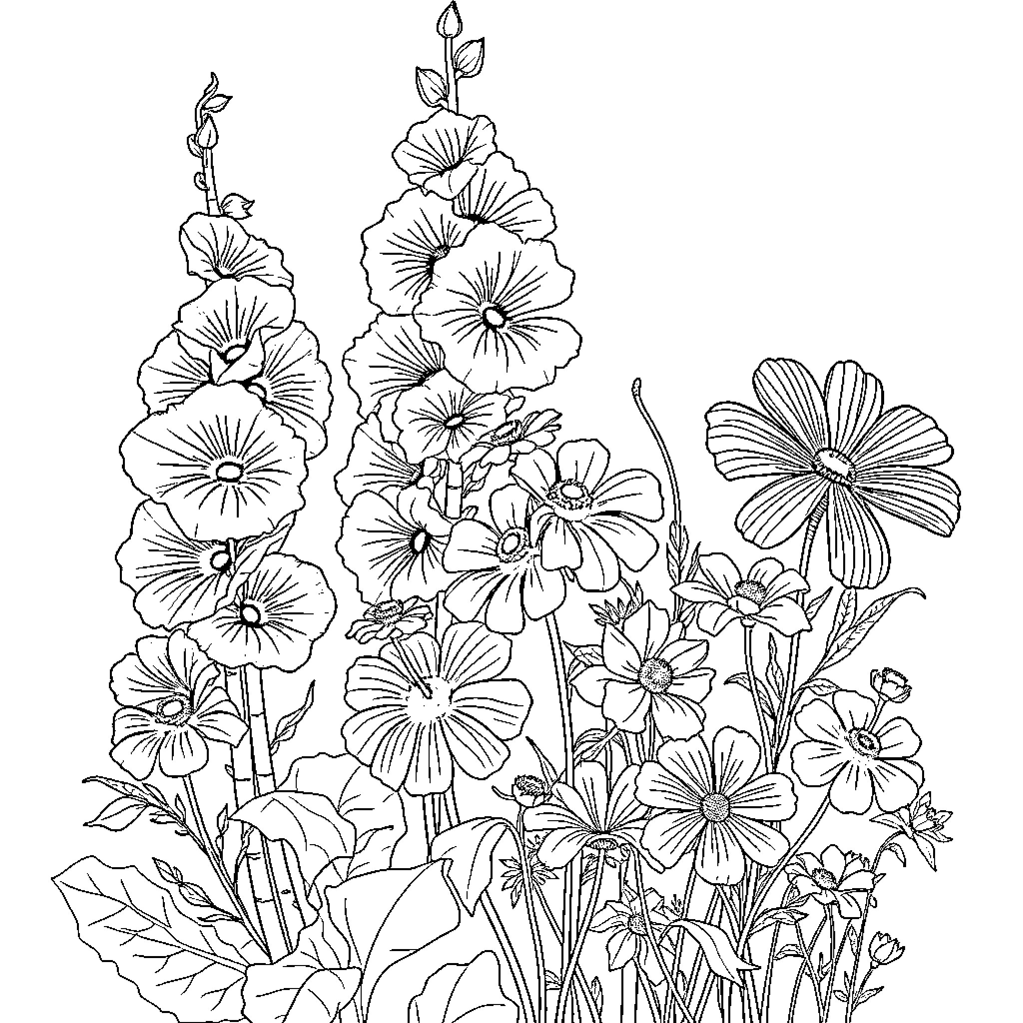 Flower arrangement of vibrant garden blooms Coloring Page (free black-and-white line drawing printable PDF for all, from beginners to advanced learners, including children, teens, adults, and seniors)