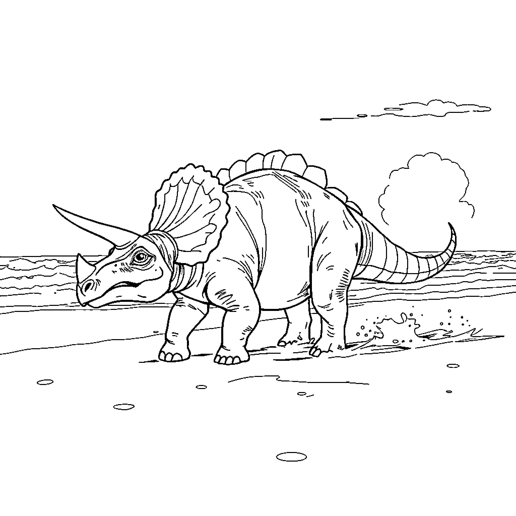 Triceratops roaming the prehistoric landscape Coloring Page (free black-and-white line drawing printable PDF for all, from beginners to advanced learners, including children, teens, adults, and seniors)