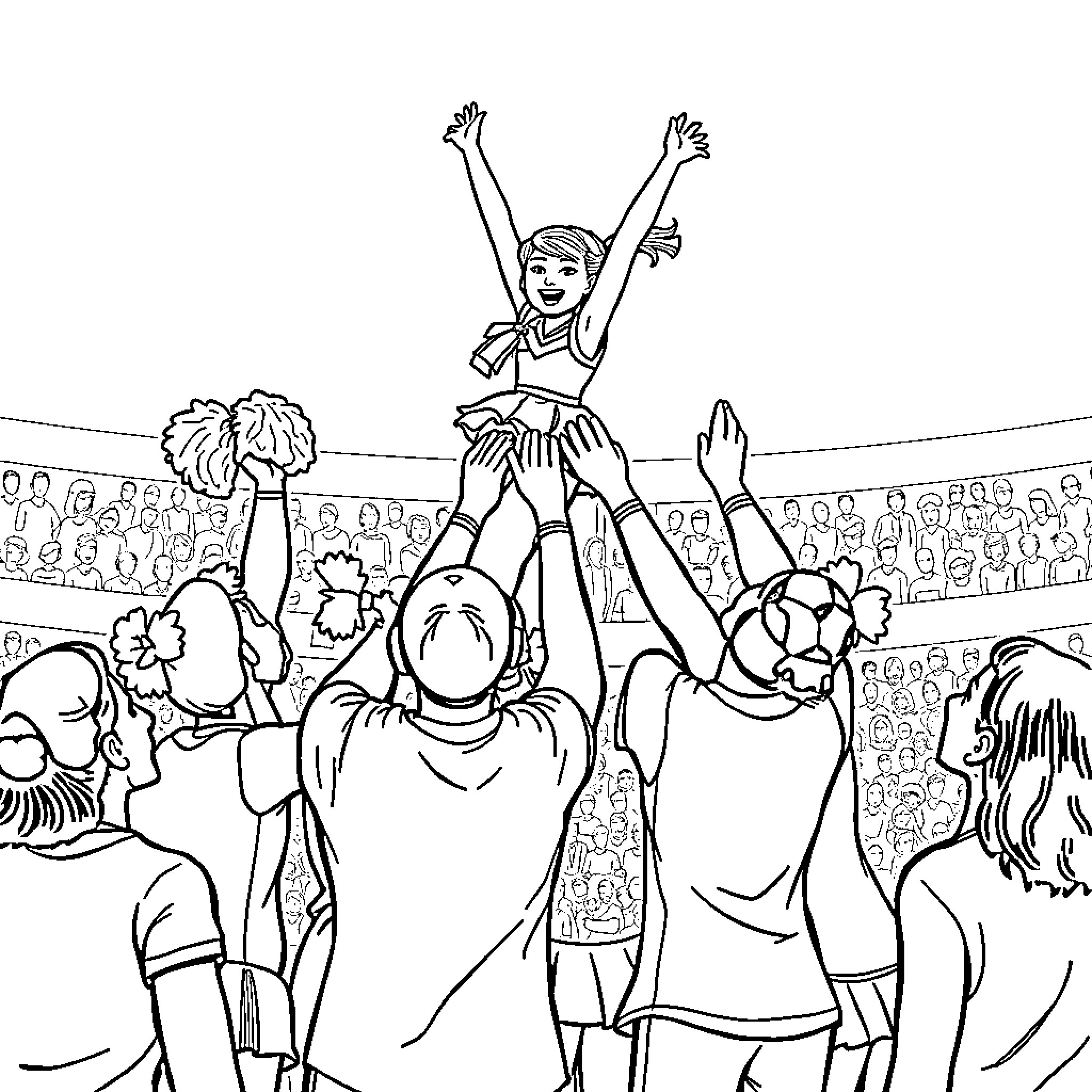 Cheerleader performing energetic routine in front of crowd Coloring Page (free black-and-white line drawing printable PDF for all, from beginners to advanced learners, including children, teens, adults, and seniors)