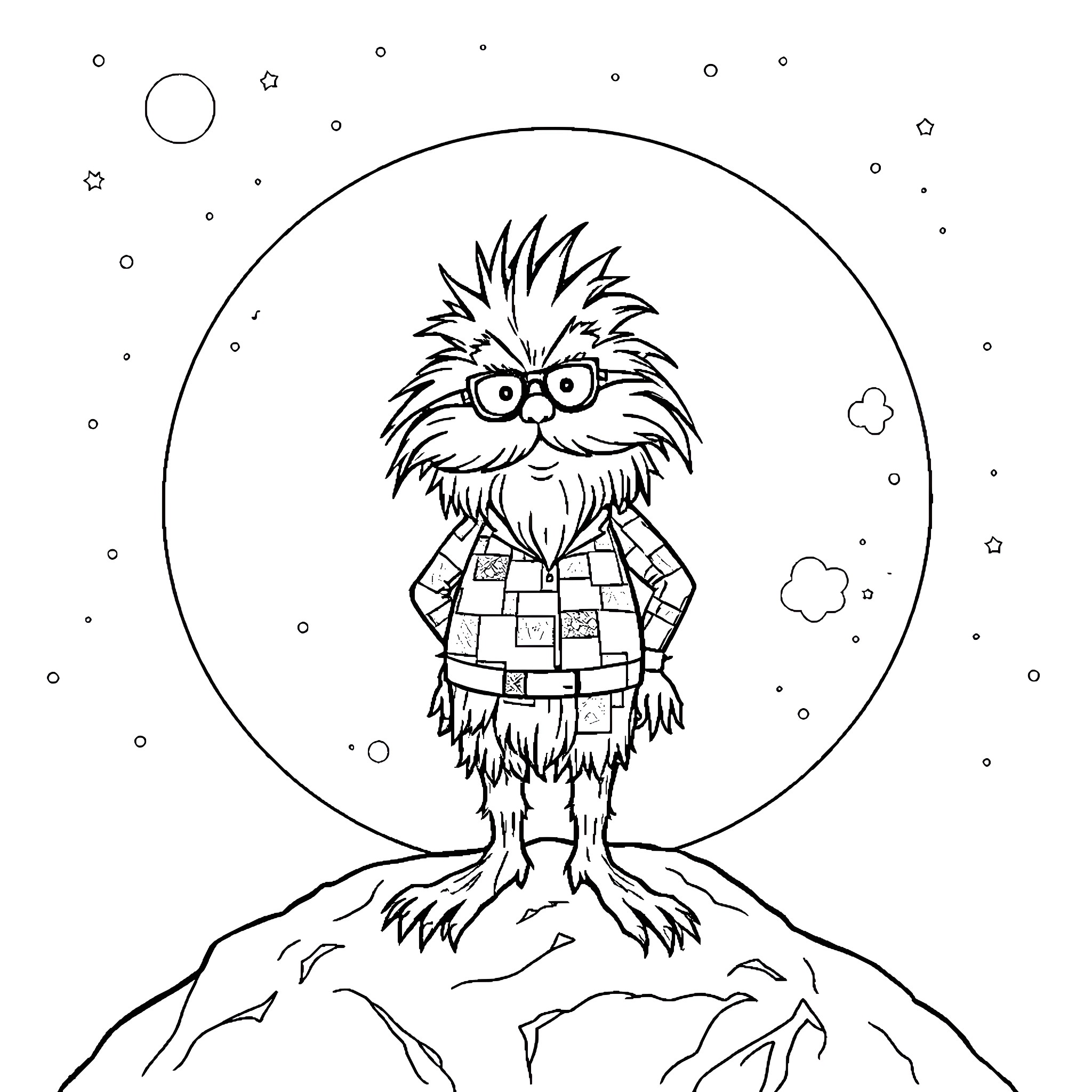 Lorax standing on a mountain with a starry sky Coloring Page (free black-and-white line drawing printable PDF for all, from beginners to advanced learners, including children, teens, adults, and seniors)