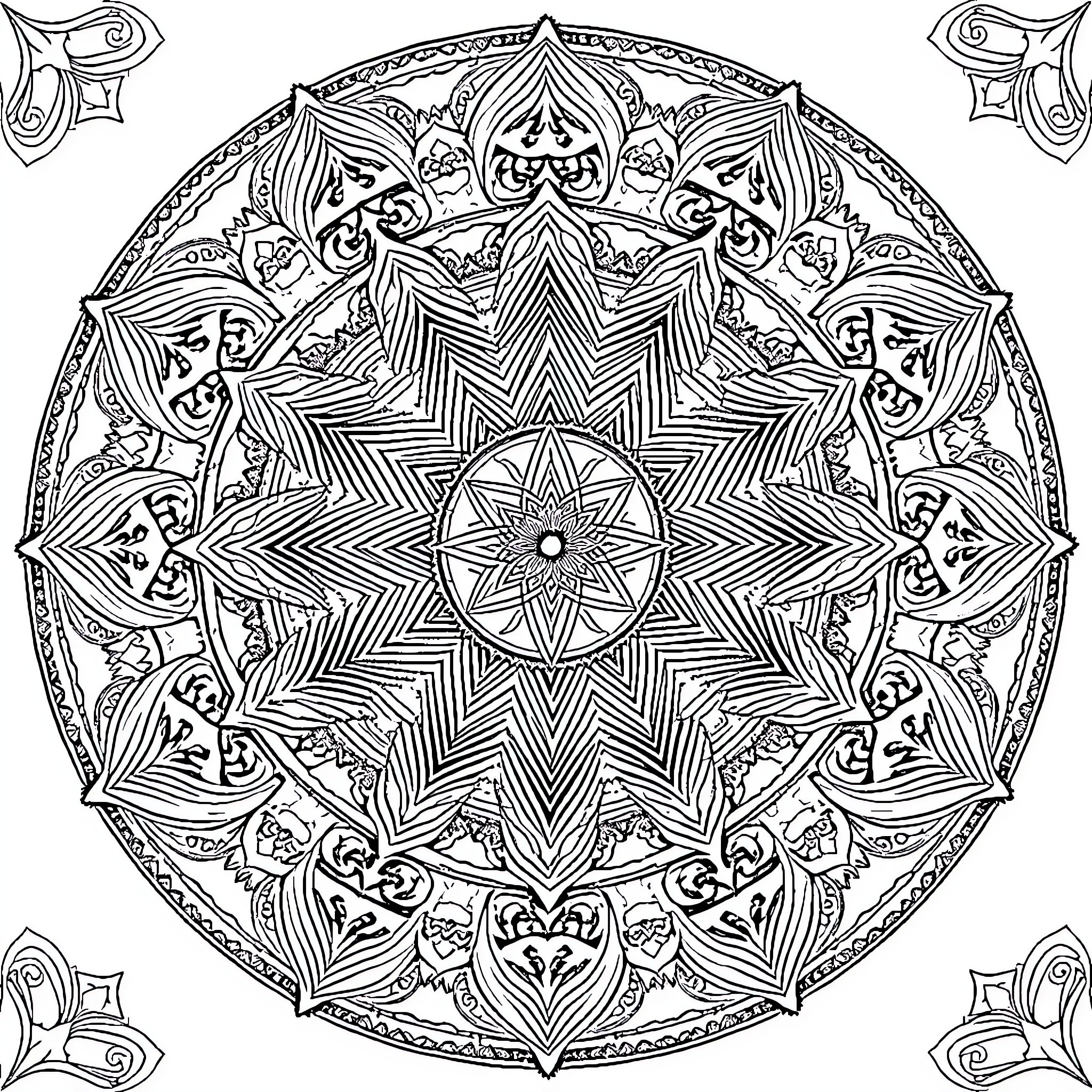 Mandalas with intricate geometric patterns and designs Coloring Page (free black-and-white line drawing printable PDF for all, from beginners to advanced learners, including children, teens, adults, and seniors)