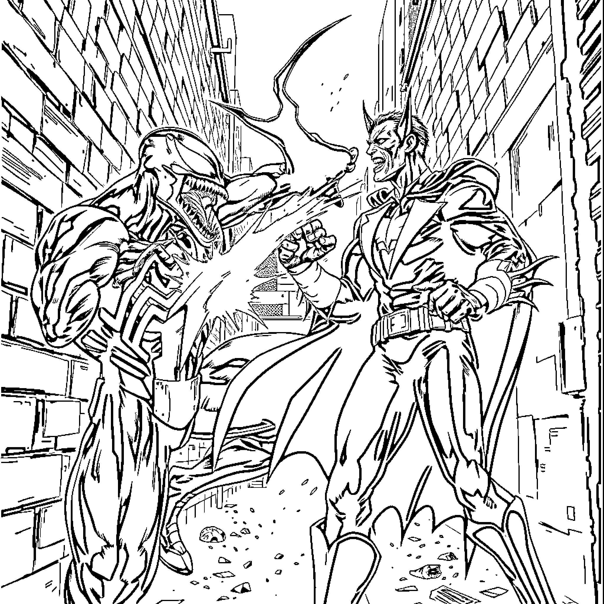 Venom Clash in Dark Alley Coloring Page (free black-and-white line drawing printable PDF for all, from beginners to advanced learners, including children, teens, adults, and seniors)