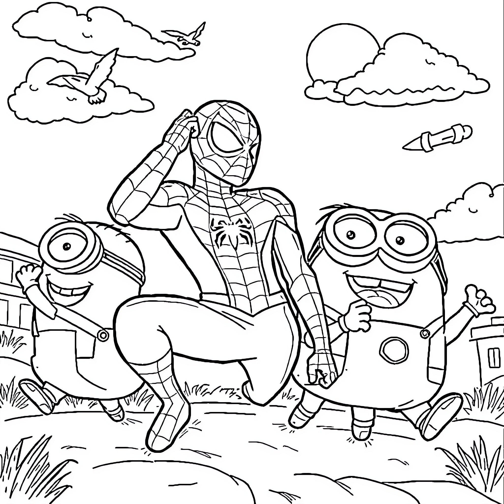 Minions and Spider-Man in an outdoor adventure Coloring Page (free black-and-white line drawing printable PDF for all, from beginners to advanced learners, including children, teens, adults, and seniors)