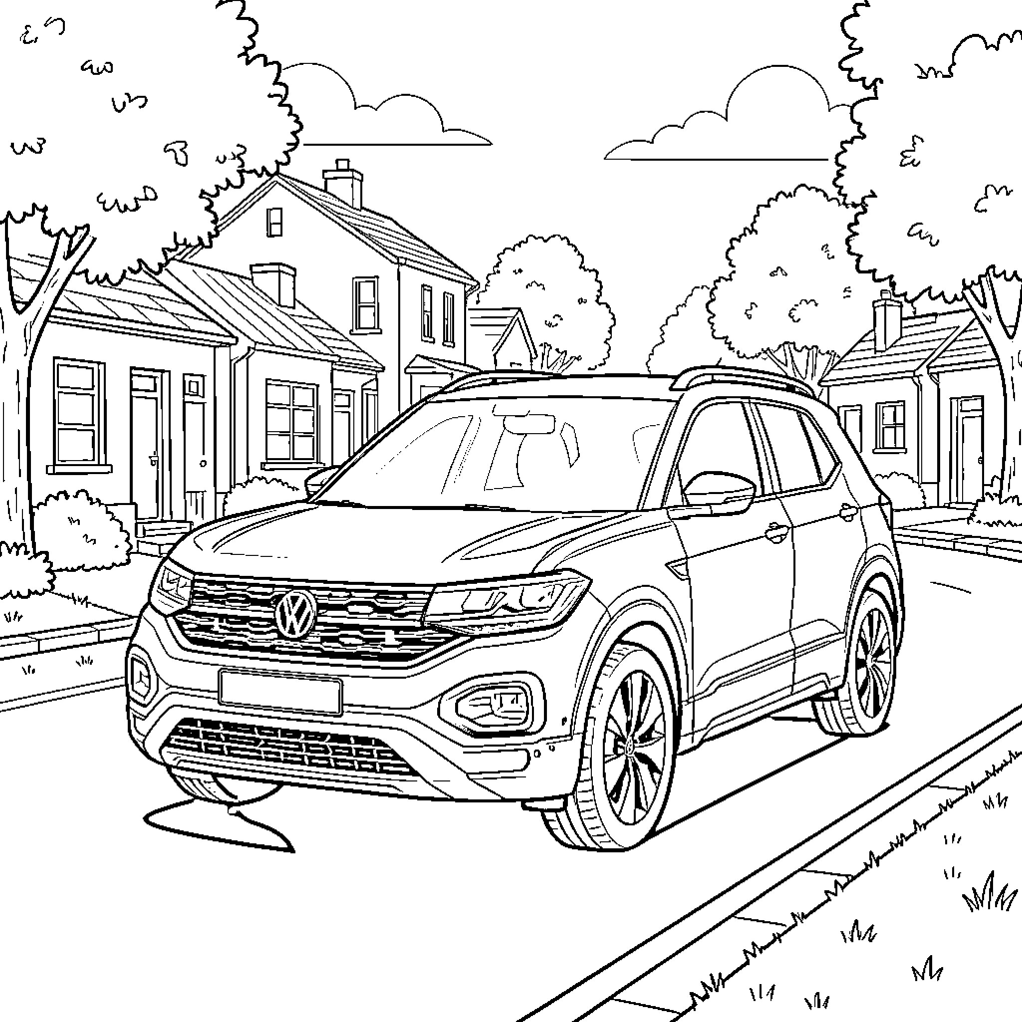 Volkswagen T-Cross driving through a quiet residential street Coloring Page (free black-and-white line drawing printable PDF for all, from beginners to advanced learners, including children, teens, adults, and seniors)