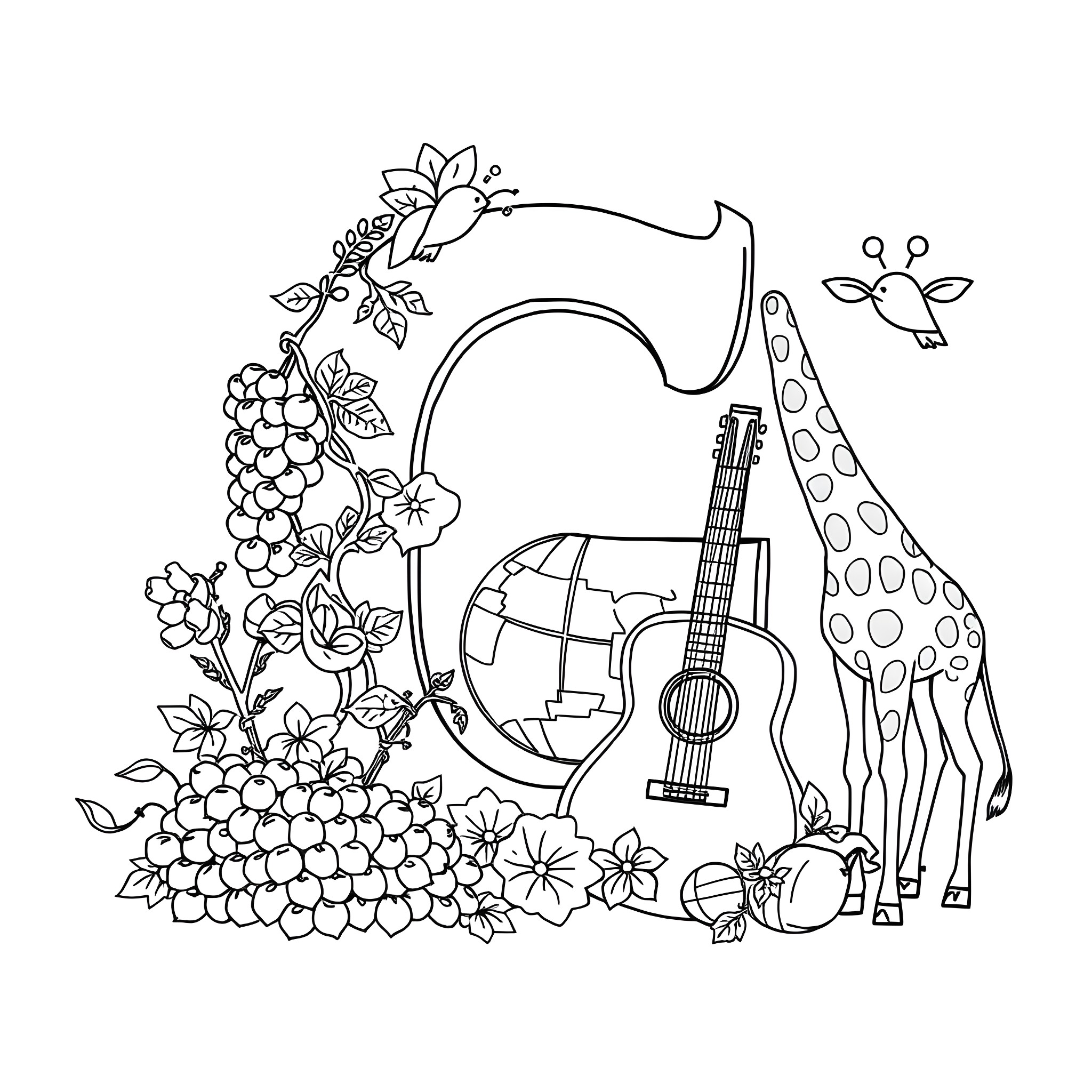 Letter G with Nature Elements and Musical Instruments Coloring Page (free black-and-white line drawing printable PDF for all, from beginners to advanced learners, including children, teens, adults, and seniors)