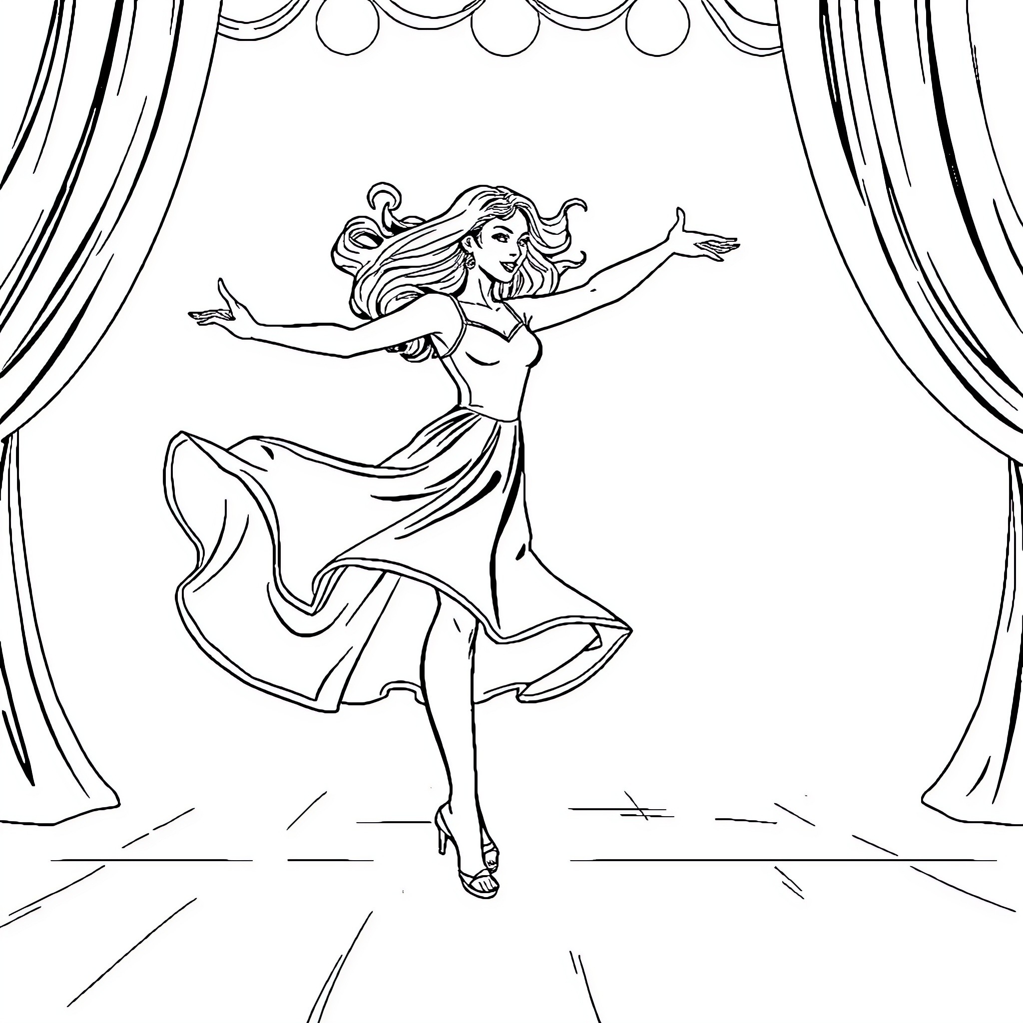 Arielle's Elegant Dance Performance Coloring Page (free black-and-white line drawing printable PDF for all, from beginners to advanced learners, including children, teens, adults, and seniors)