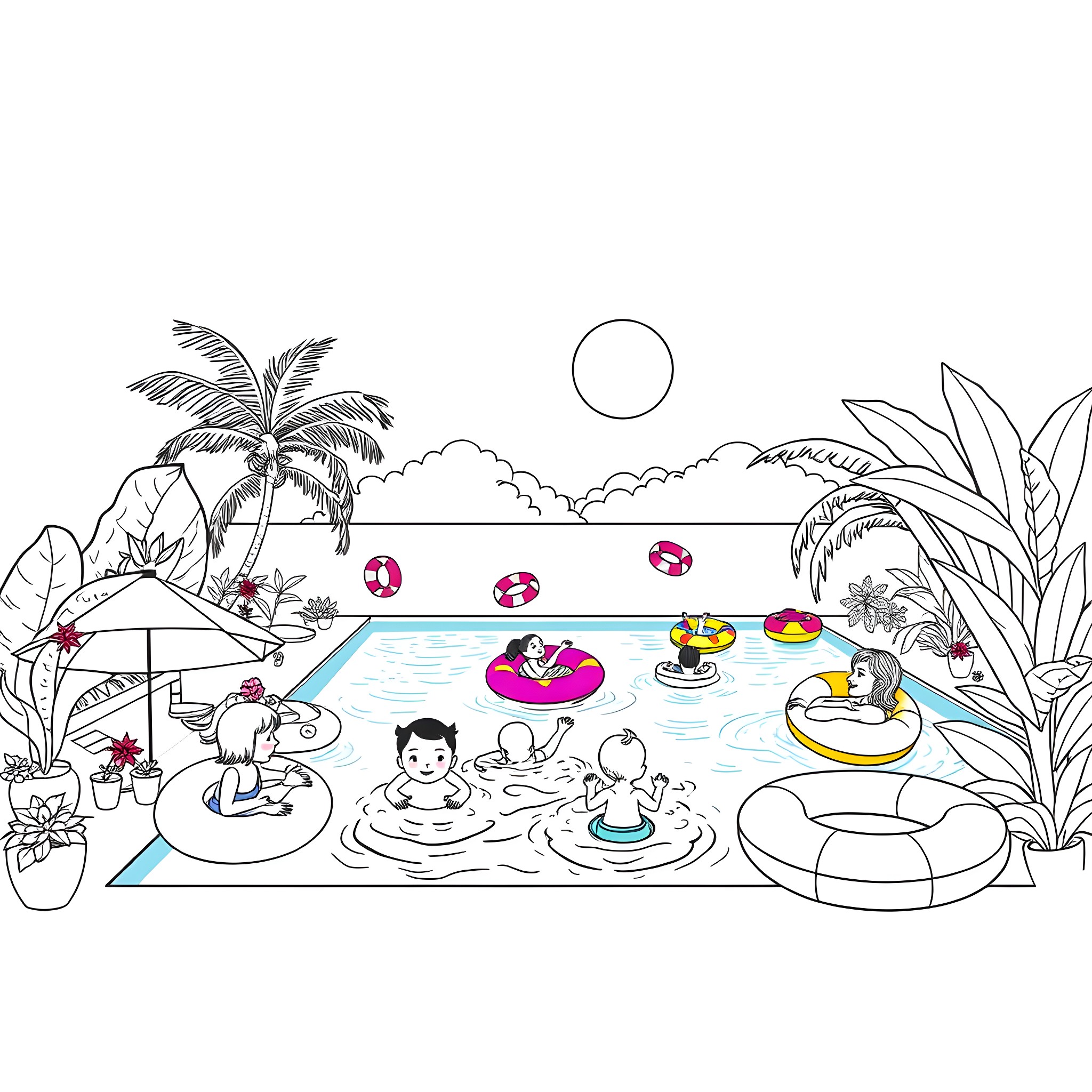 Pool Party with Playful Swimmers and Colorful Floats Coloring Page (free black-and-white line drawing printable PDF for all, from beginners to advanced learners, including children, teens, adults, and seniors)