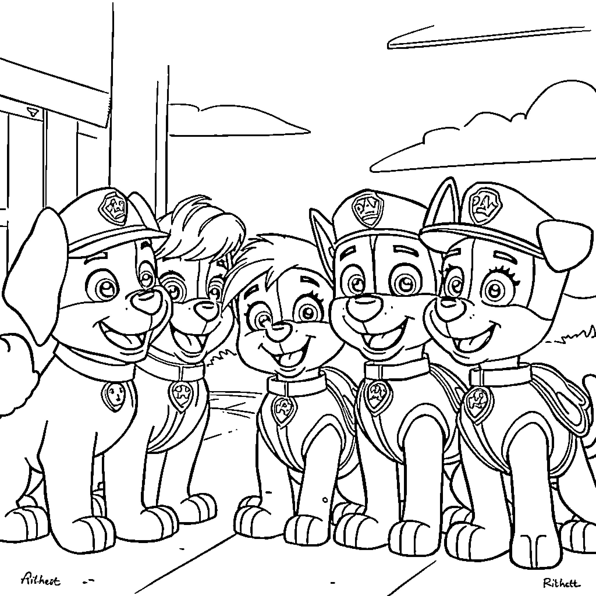 Paw Patrol pups on duty in the city Coloring Page (free black-and-white line drawing printable PDF for all, from beginners to advanced learners, including children, teens, adults, and seniors)