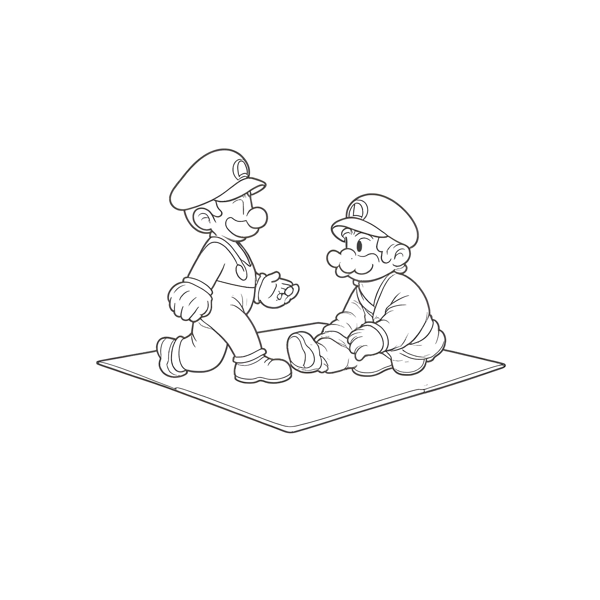 Mario Brothers Sitting Together Peacefully Coloring Page (free black-and-white line drawing printable PDF for all, from beginners to advanced learners, including children, teens, adults, and seniors)