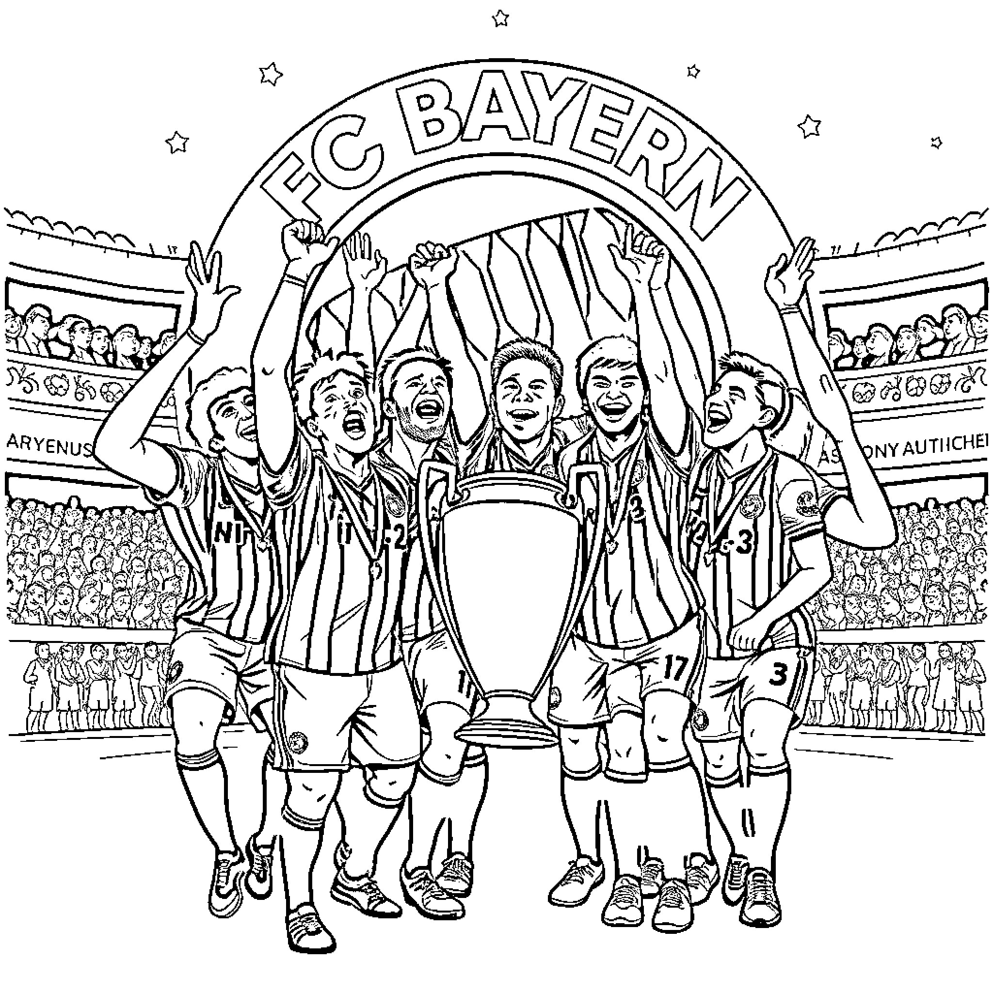 FC Bayern Munich players celebrating trophy win Coloring Page (free black-and-white line drawing printable PDF for all, from beginners to advanced learners, including children, teens, adults, and seniors)