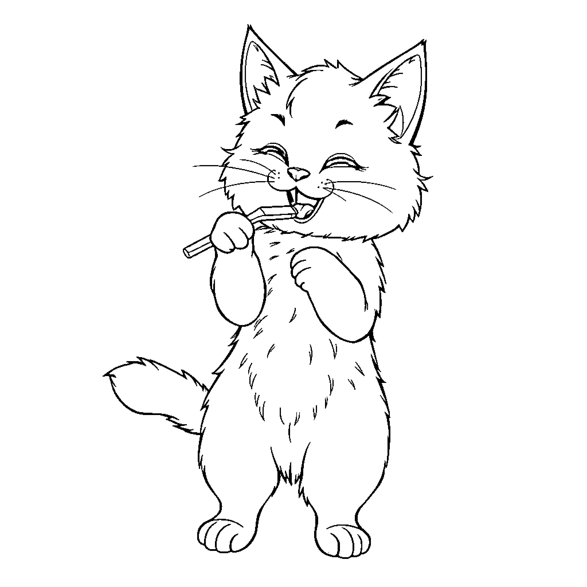 Cat brushing teeth with a toothbrush Coloring Page (free black-and-white line drawing printable PDF for all, from beginners to advanced learners, including children, teens, adults, and seniors)