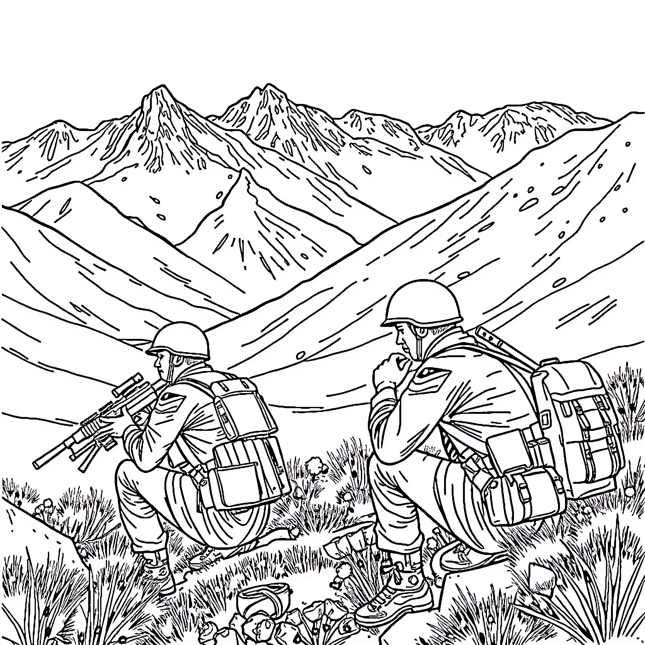 Soldiers on a rugged mountain expedition Coloring Page (free black-and-white line drawing printable PDF for all, from beginners to advanced learners, including children, teens, adults, and seniors)