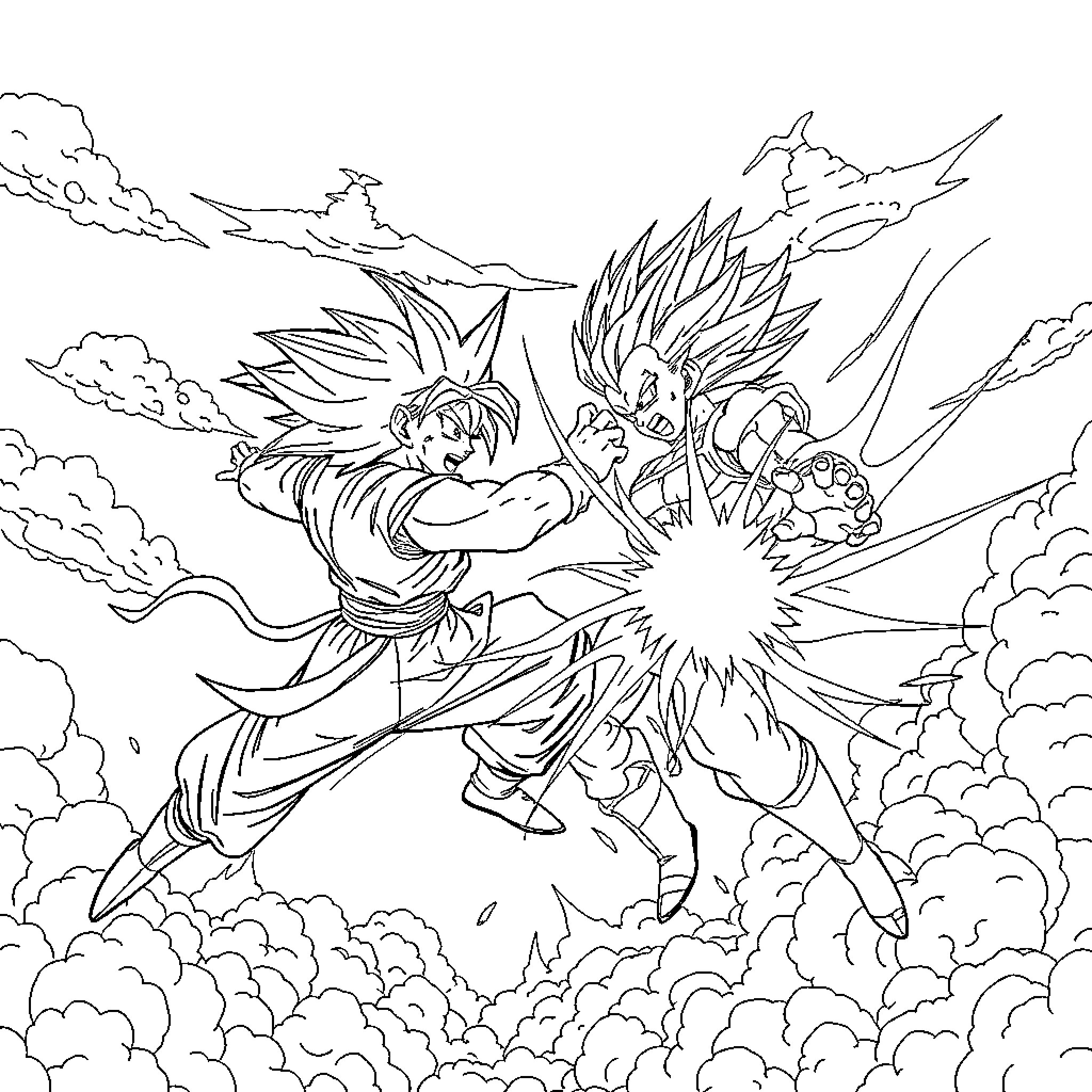 Goku Engaging in Epic Battle with Powerful Foe Coloring Page (free black-and-white line drawing printable PDF for all, from beginners to advanced learners, including children, teens, adults, and seniors)