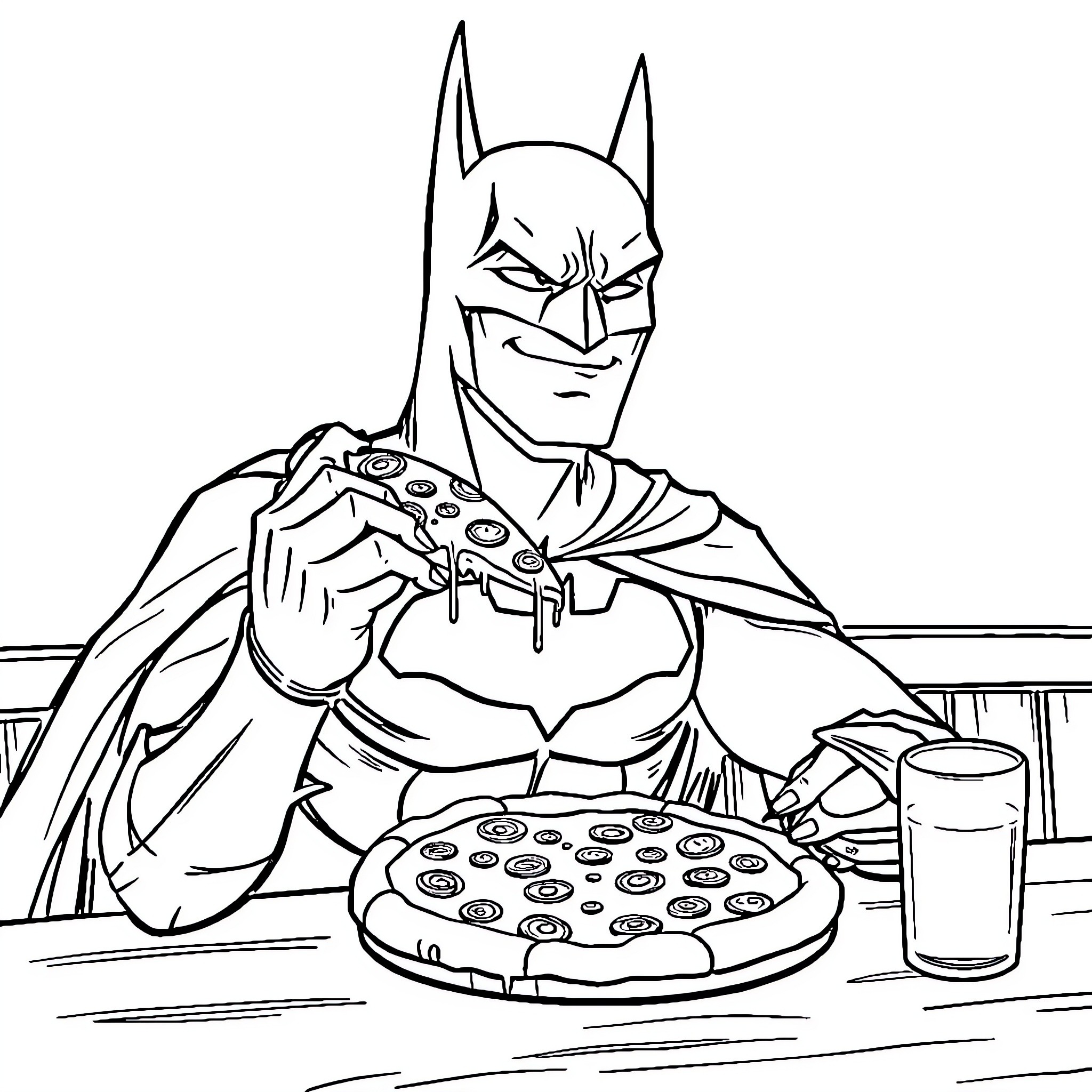 Batman Enjoying a Slice of Pizza Coloring Page (free black-and-white line drawing printable PDF for all, from beginners to advanced learners, including children, teens, adults, and seniors)
