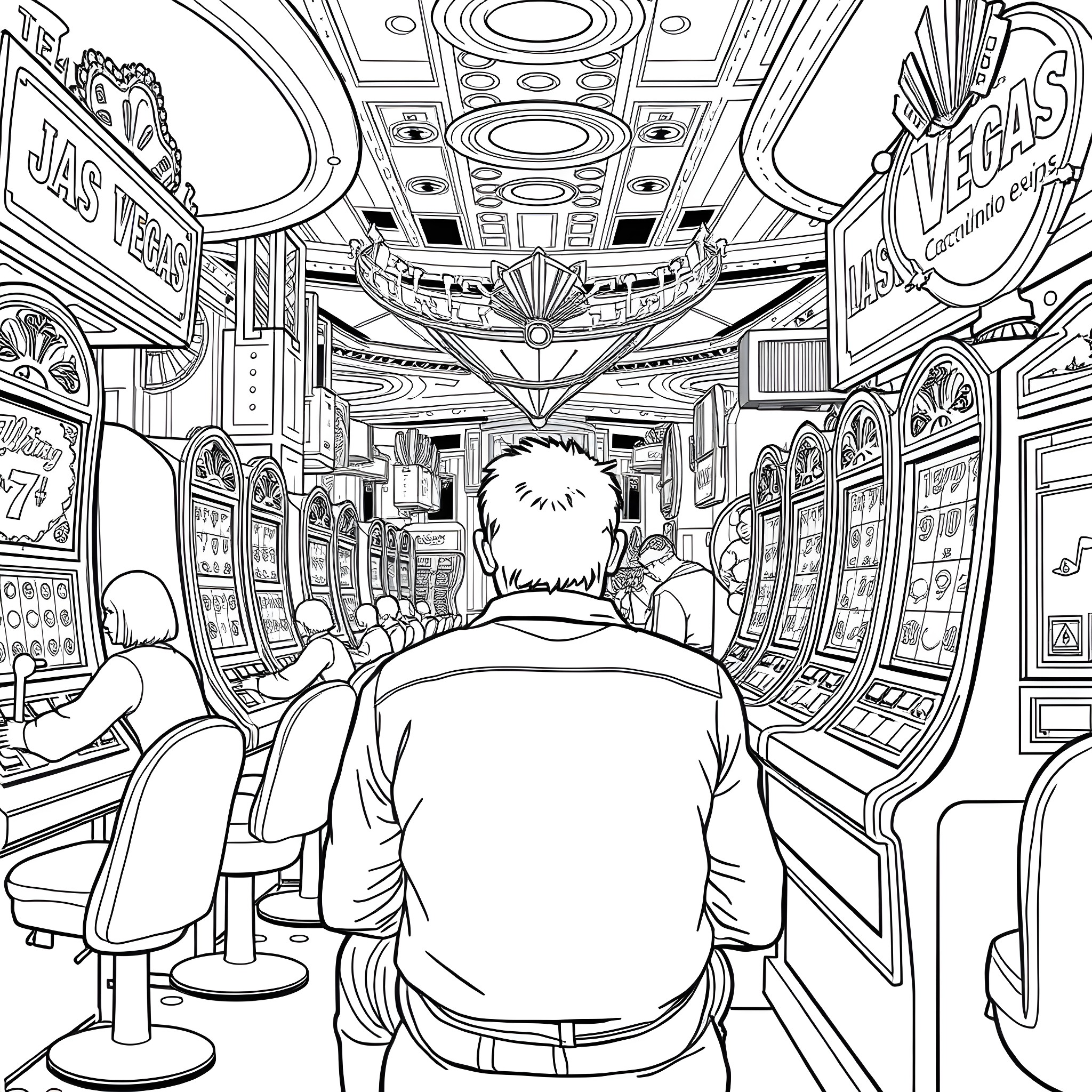 Man exploring the vibrant and lively casino interior Coloring Page (free black-and-white line drawing printable PDF for all, from beginners to advanced learners, including children, teens, adults, and seniors)