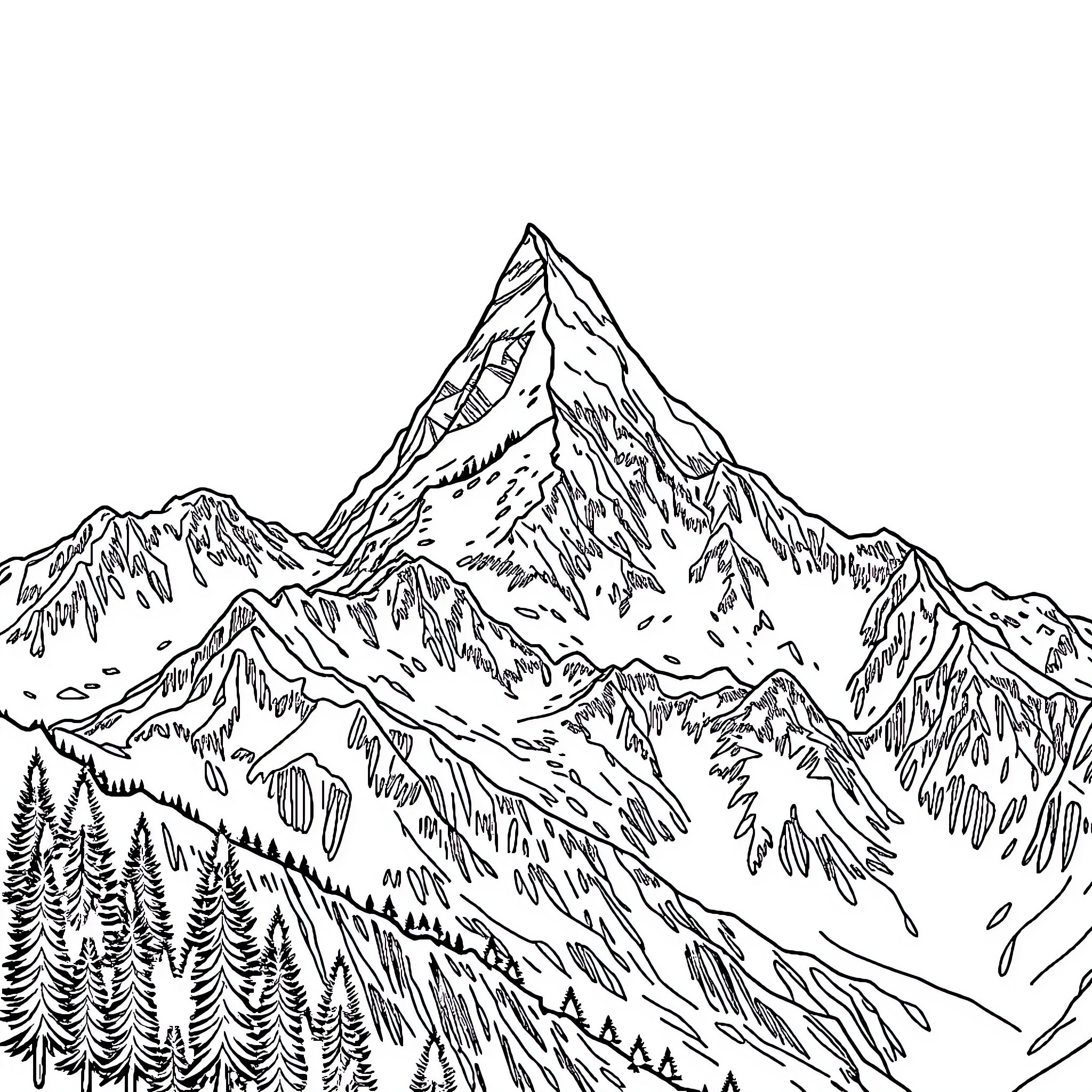 Cervin: Majestic Mountain Landscape Coloring Page (free black-and-white line drawing printable PDF for all, from beginners to advanced learners, including children, teens, adults, and seniors)