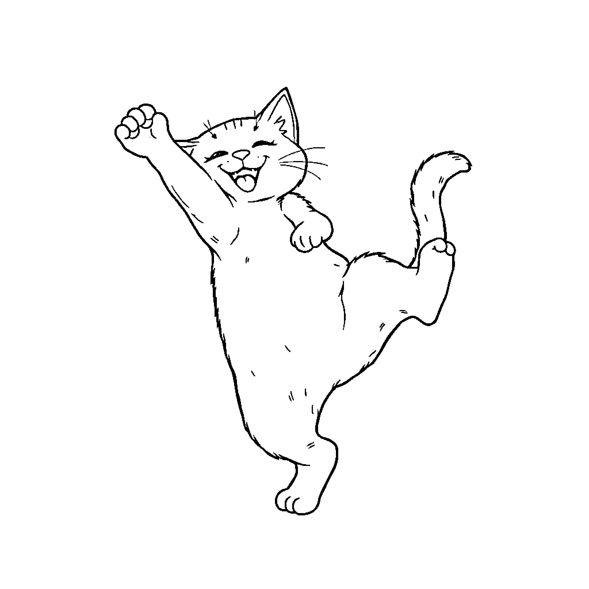 Cat Playfully Stretching and Reaching Coloring Page (free black-and-white line drawing printable PDF for all, from beginners to advanced learners, including children, teens, adults, and seniors)