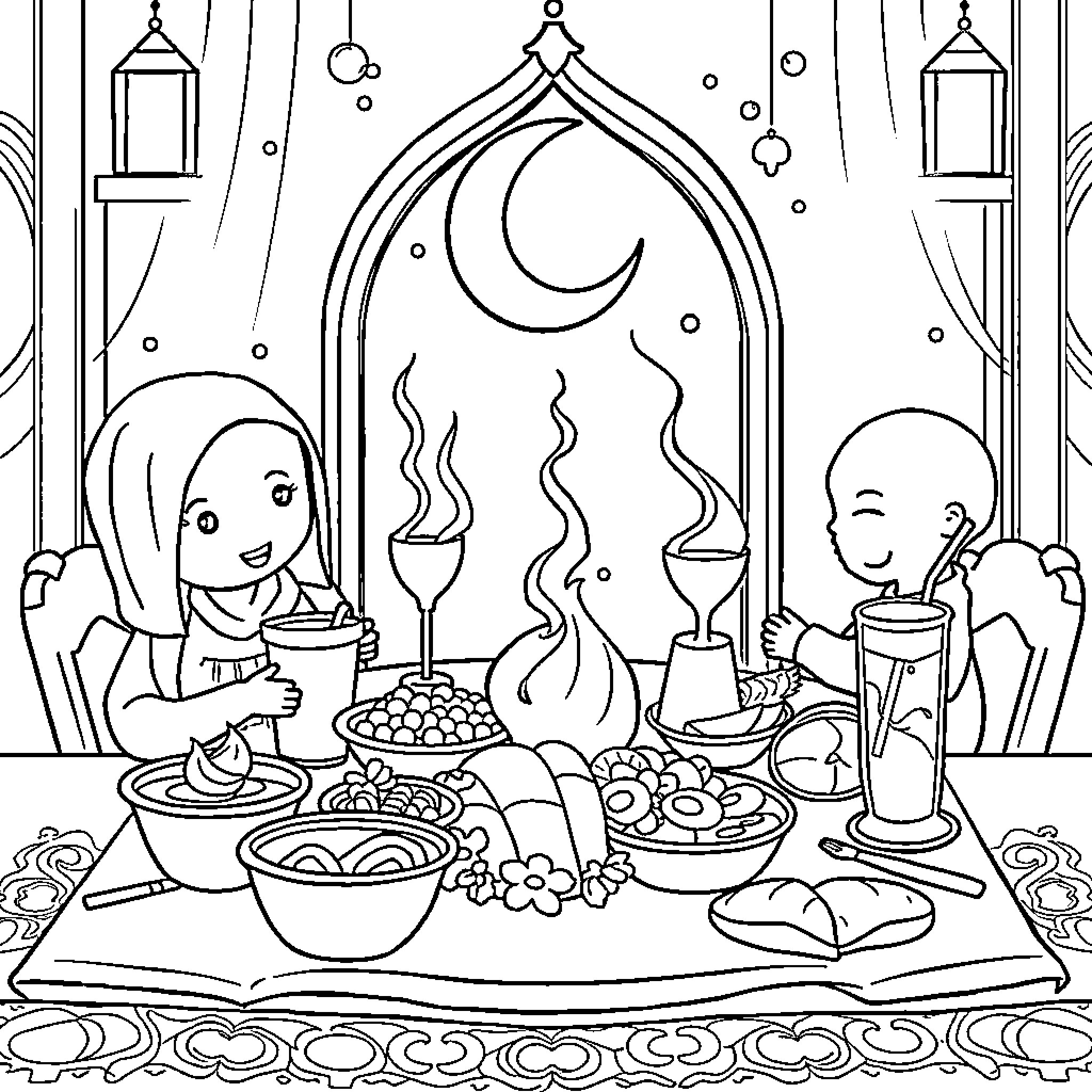 Iftar scene with family gathered for a festive meal Coloring Page (free black-and-white line drawing printable PDF for all, from beginners to advanced learners, including children, teens, adults, and seniors)