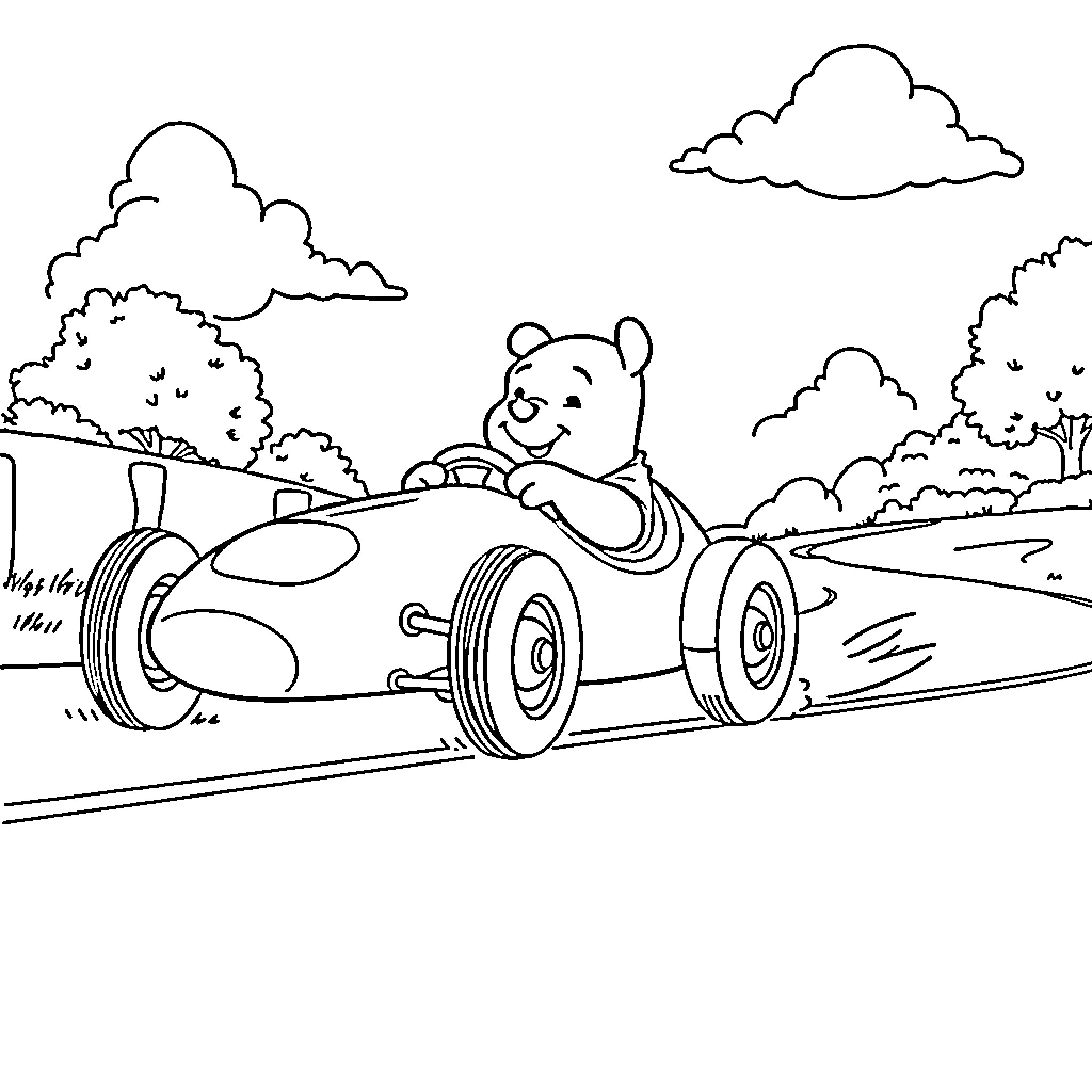 Winnie The Pooh driving a race car in the countryside Coloring Page (free black-and-white line drawing printable PDF for all, from beginners to advanced learners, including children, teens, adults, and seniors)