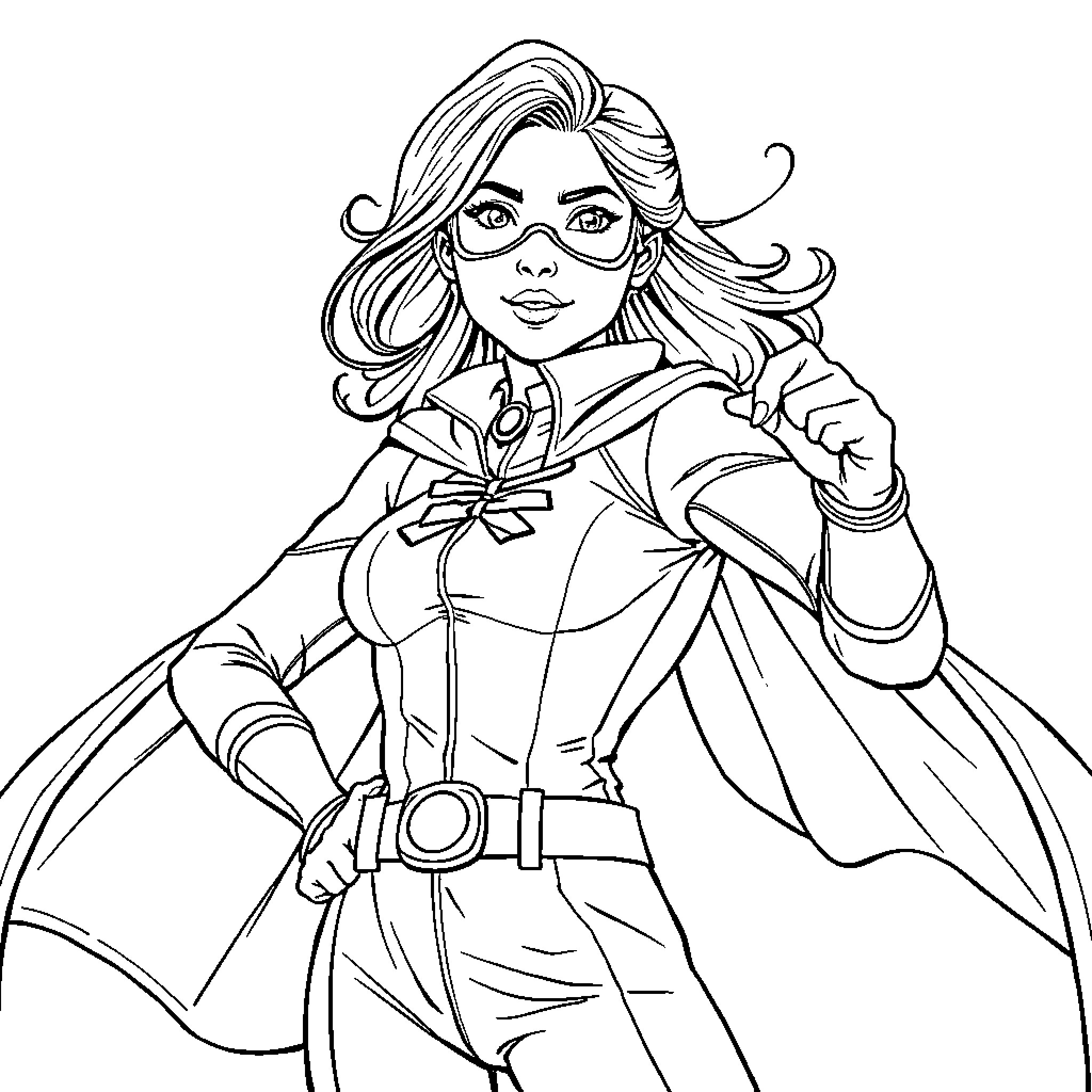 Wonder Woman in heroic action pose Coloring Page (free black-and-white line drawing printable PDF for all, from beginners to advanced learners, including children, teens, adults, and seniors)