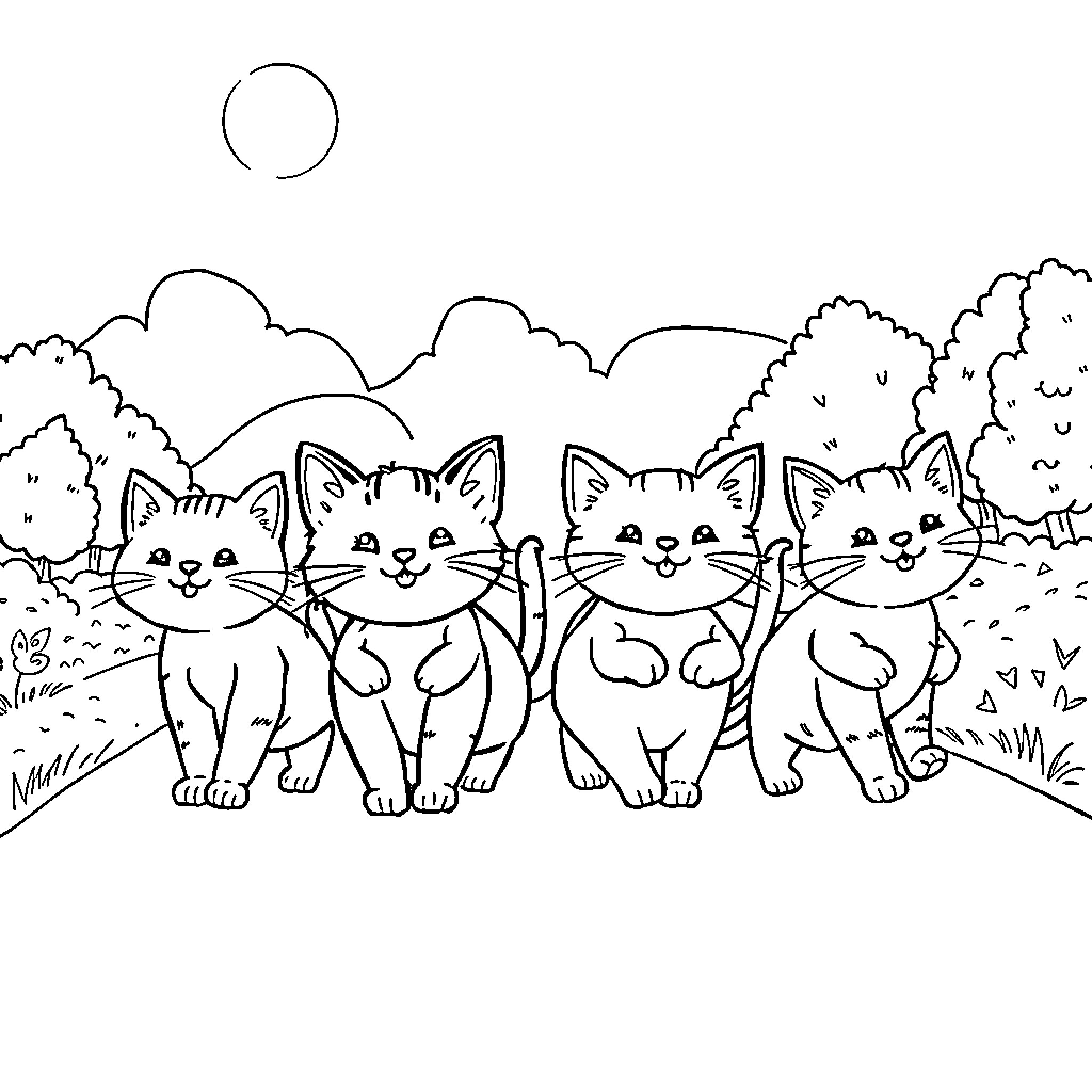 Cat kittens playing in the countryside Coloring Page (free black-and-white line drawing printable PDF for all, from beginners to advanced learners, including children, teens, adults, and seniors)