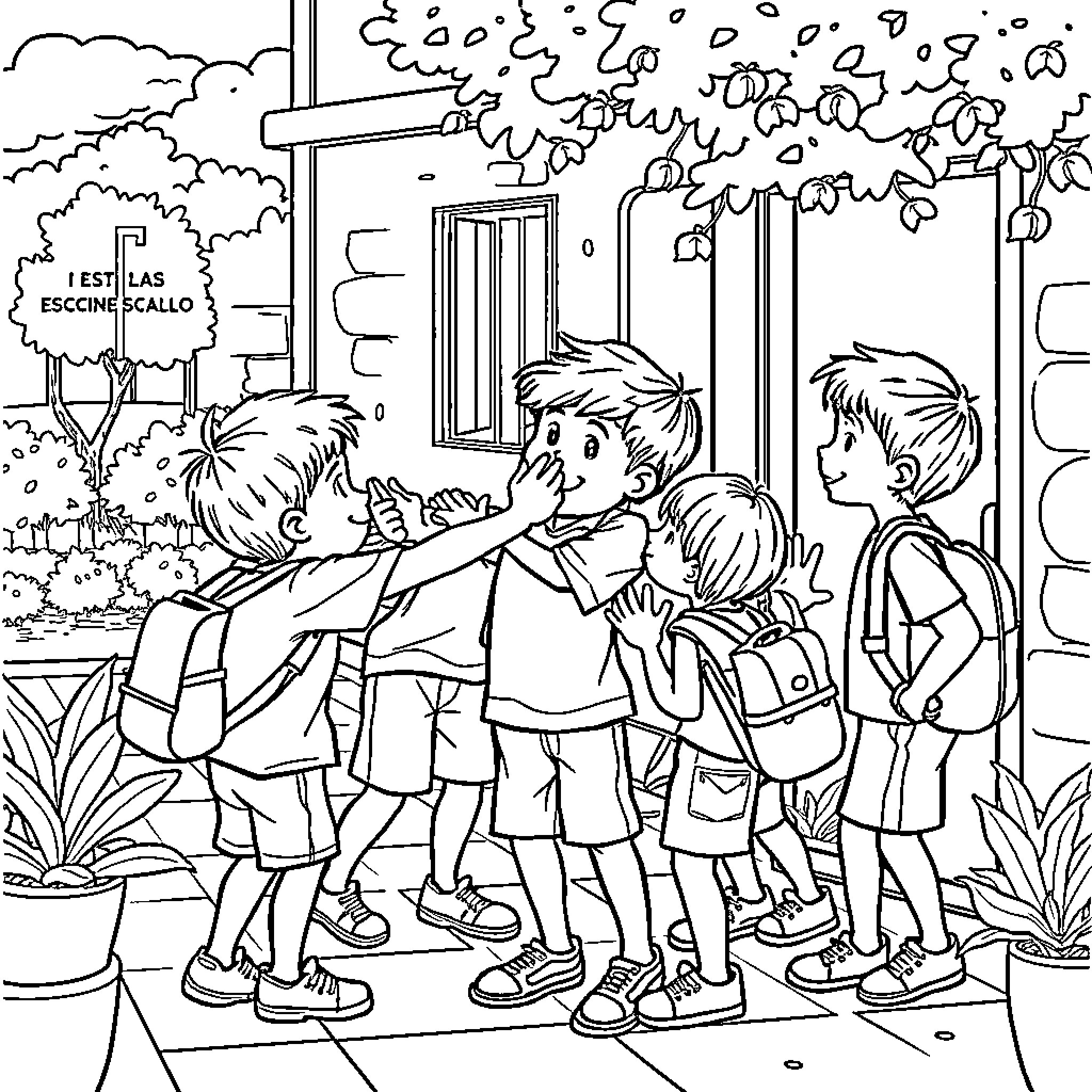 Bullying scene of students outside school Coloring Page (free black-and-white line drawing printable PDF for all, from beginners to advanced learners, including children, teens, adults, and seniors)