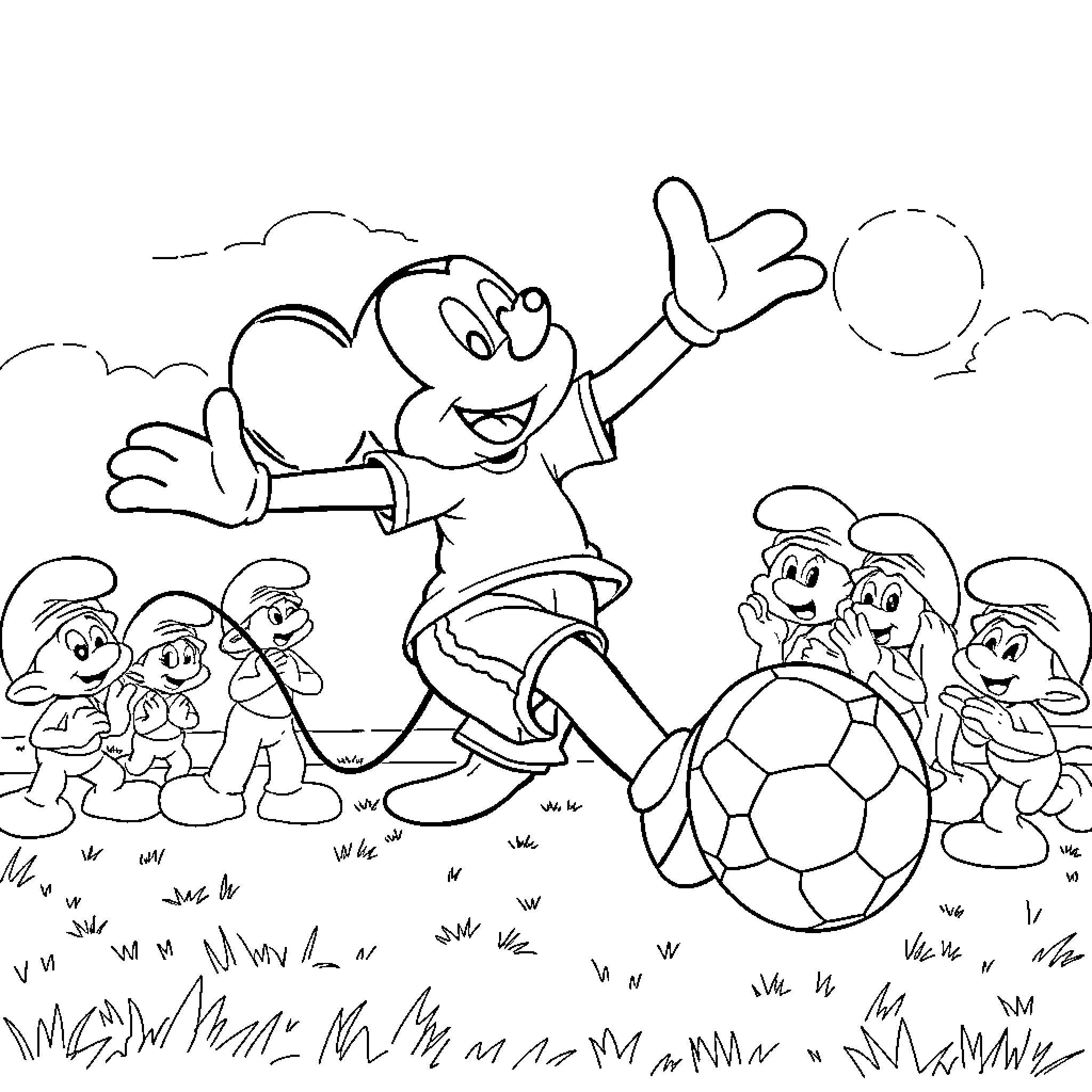 Mickey Mouse playing soccer with Smurfs Coloring Page (free black-and-white line drawing printable PDF for all, from beginners to advanced learners, including children, teens, adults, and seniors)