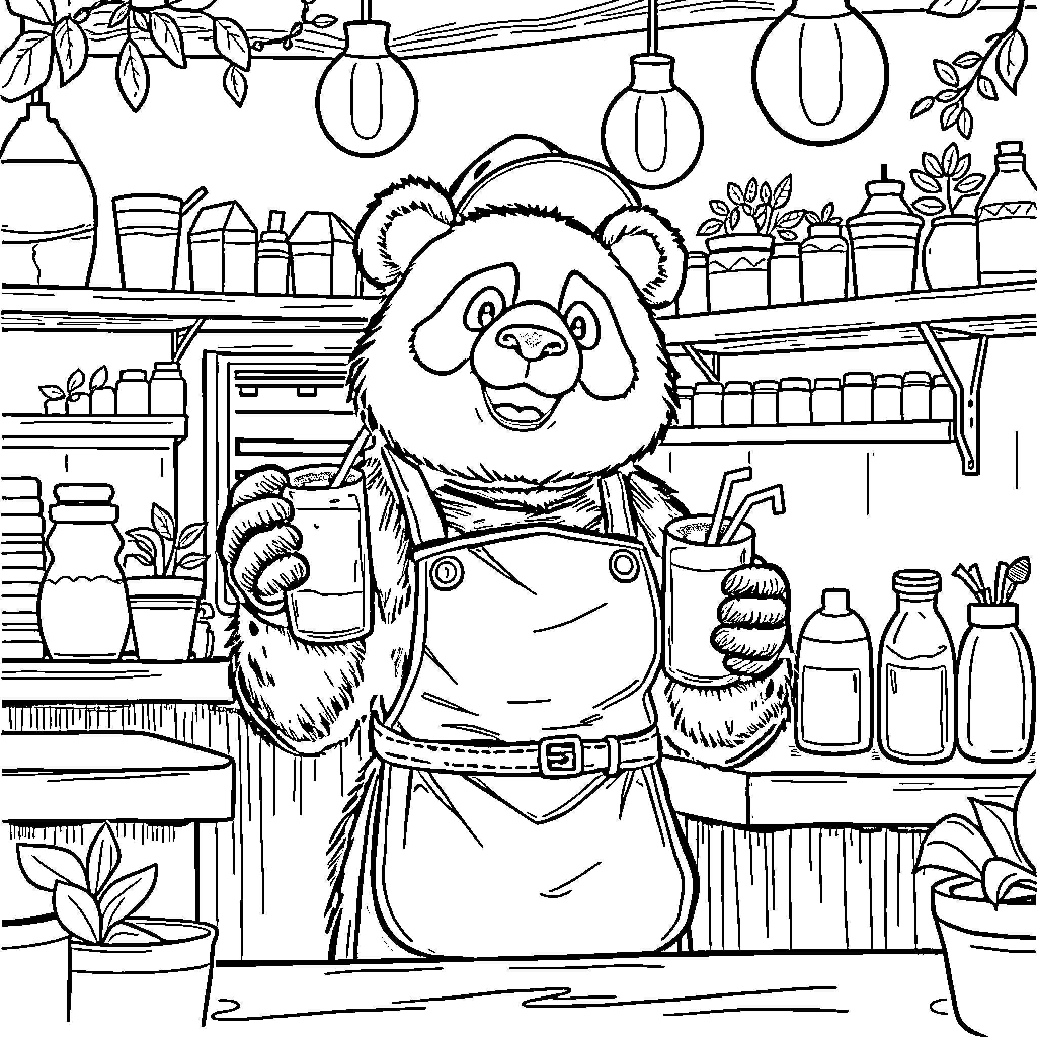 Panda chef in a whimsical kitchen setting Coloring Page (free black-and-white line drawing printable PDF for all, from beginners to advanced learners, including children, teens, adults, and seniors)