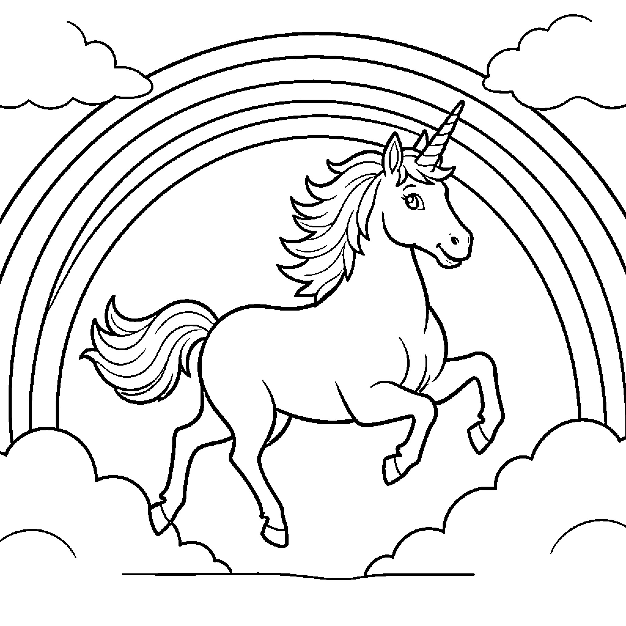 Unicorn leaping joyfully in front of a rainbow Coloring Page (free black-and-white line drawing printable PDF for all, from beginners to advanced learners, including children, teens, adults, and seniors)