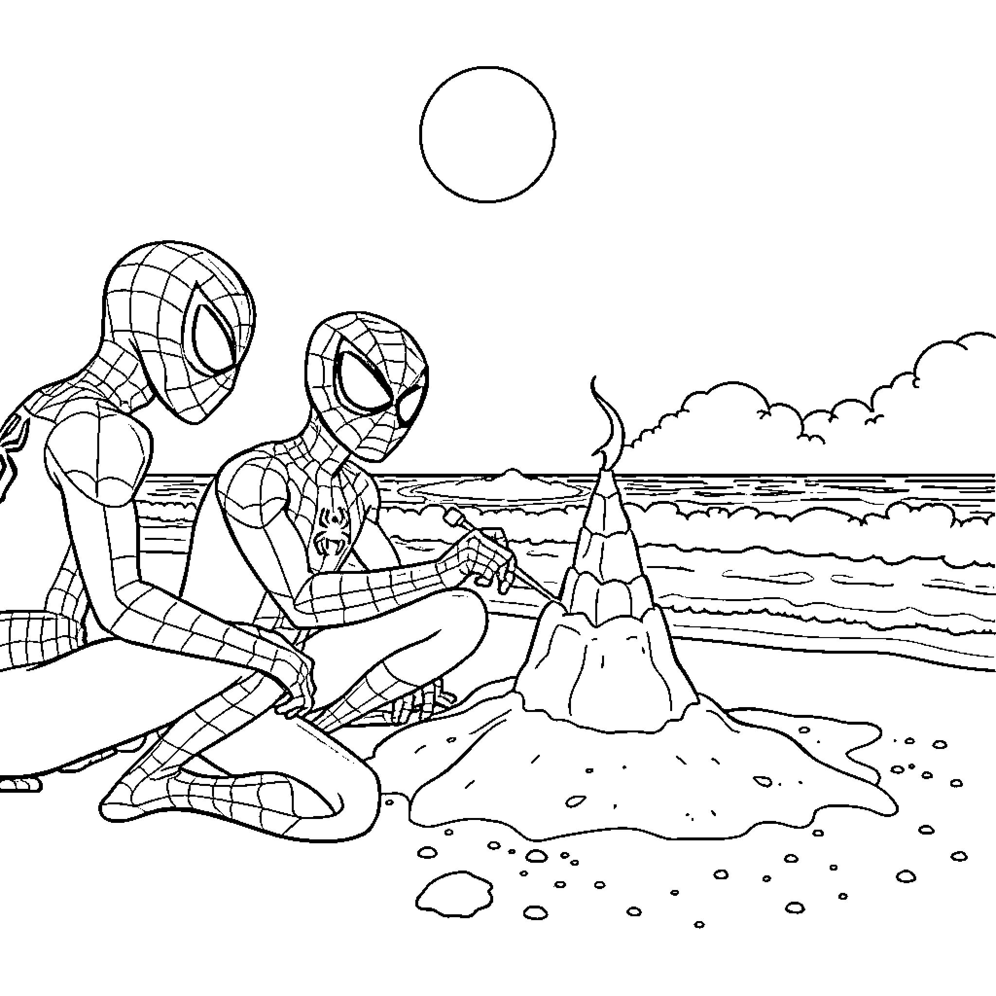 Spidey's beach adventure with friendly companion Coloring Page (free black-and-white line drawing printable PDF for all, from beginners to advanced learners, including children, teens, adults, and seniors)