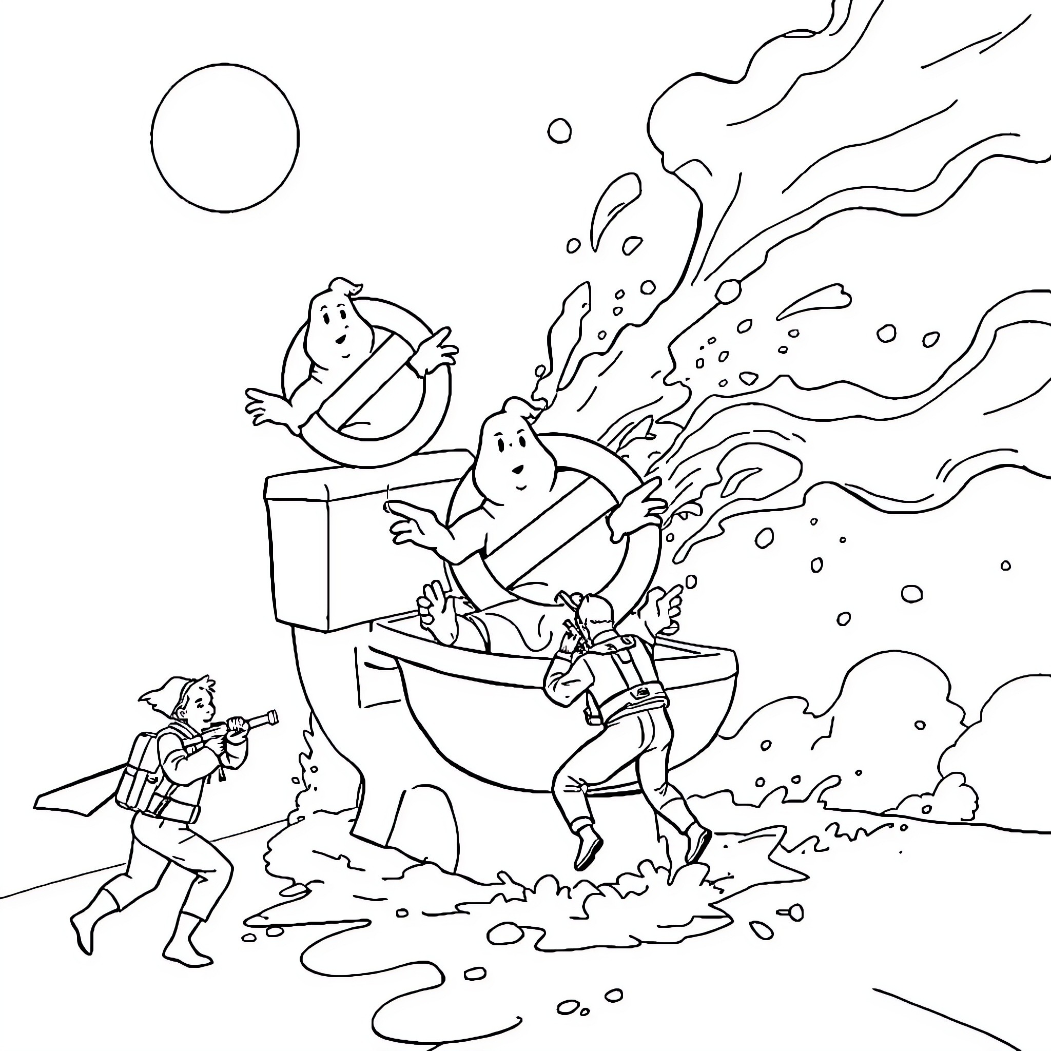 Ghostbusters chasing ghosts with proton packs in action Coloring Page (free black-and-white line drawing printable PDF for all, from beginners to advanced learners, including children, teens, adults, and seniors)
