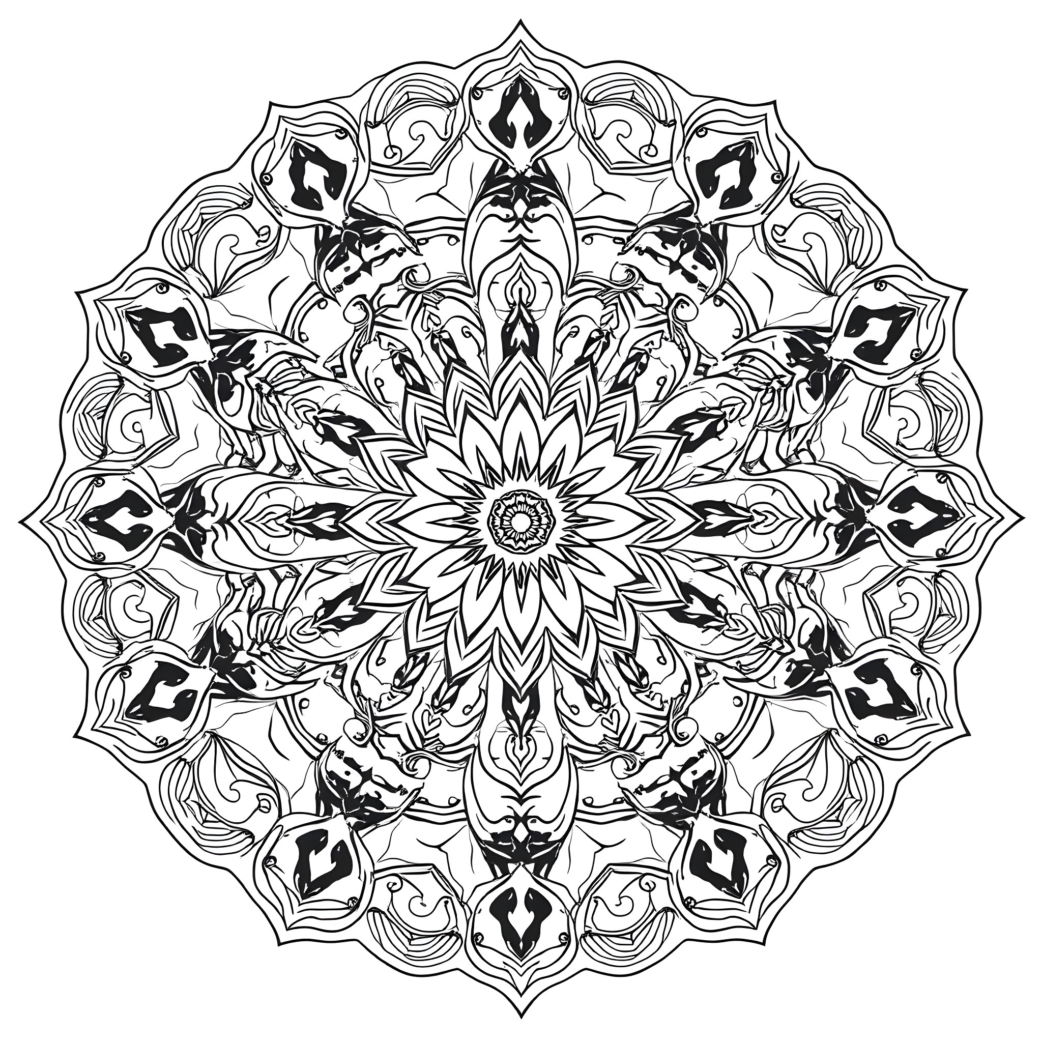 Mandala with intricate floral and geometric patterns Coloring Page (free black-and-white line drawing printable PDF for all, from beginners to advanced learners, including children, teens, adults, and seniors)