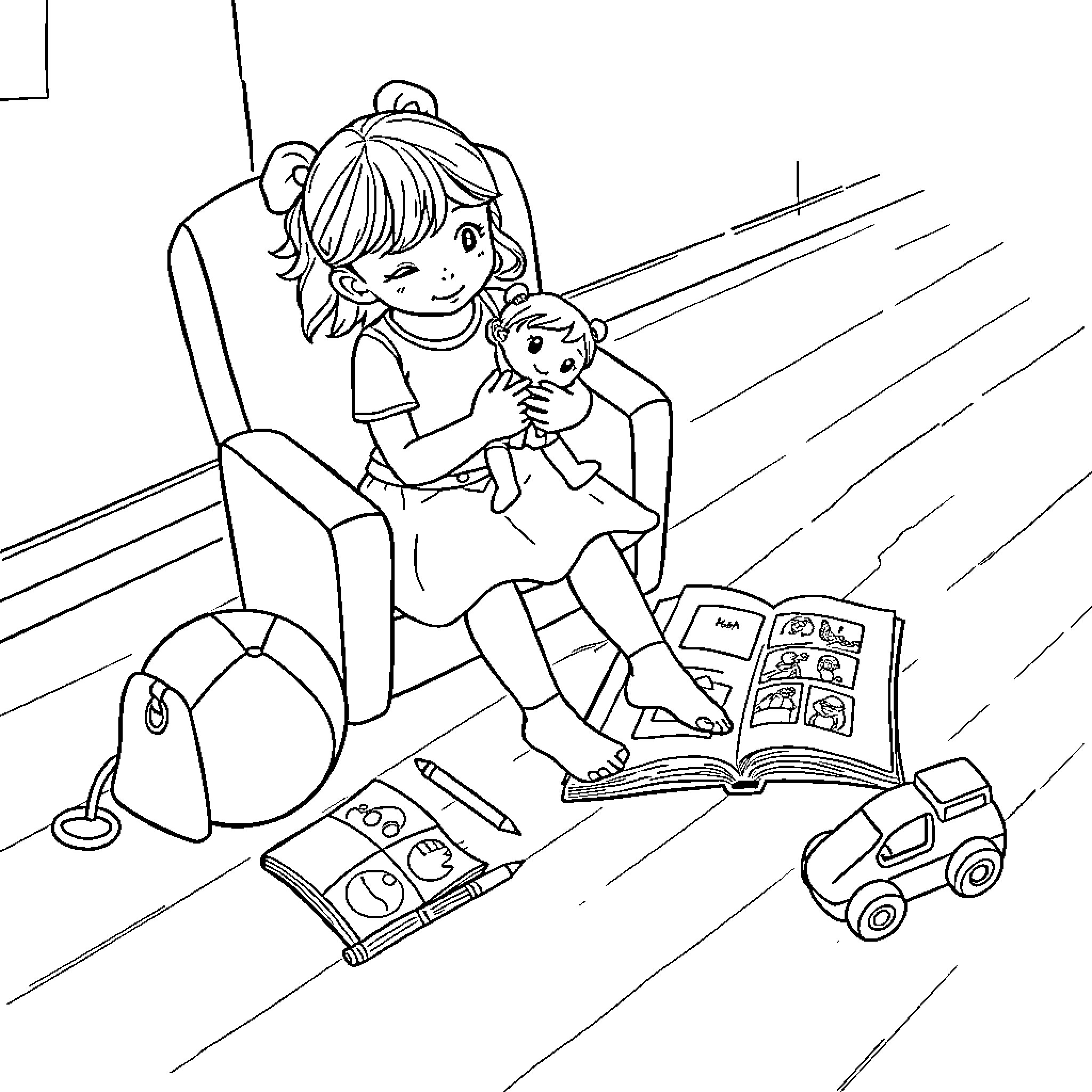 Girl Reading and Playing with Toys Coloring Page (free black-and-white line drawing printable PDF for all, from beginners to advanced learners, including children, teens, adults, and seniors)