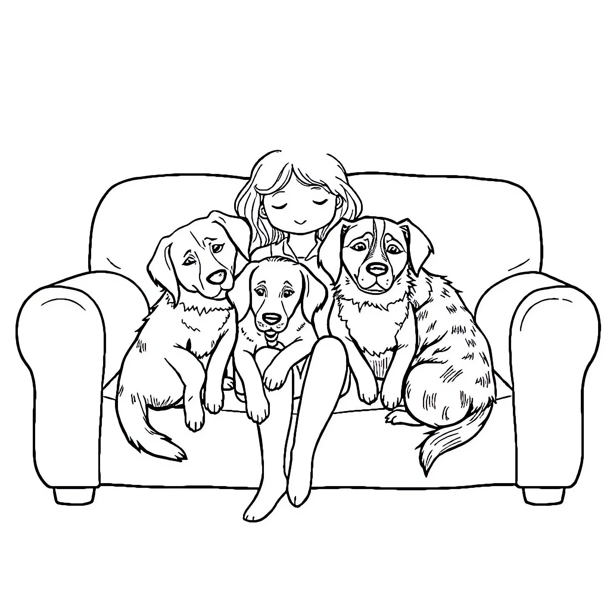 Girl spending time with her pet dogs on the couch Coloring Page (free black-and-white line drawing printable PDF for all, from beginners to advanced learners, including children, teens, adults, and seniors)