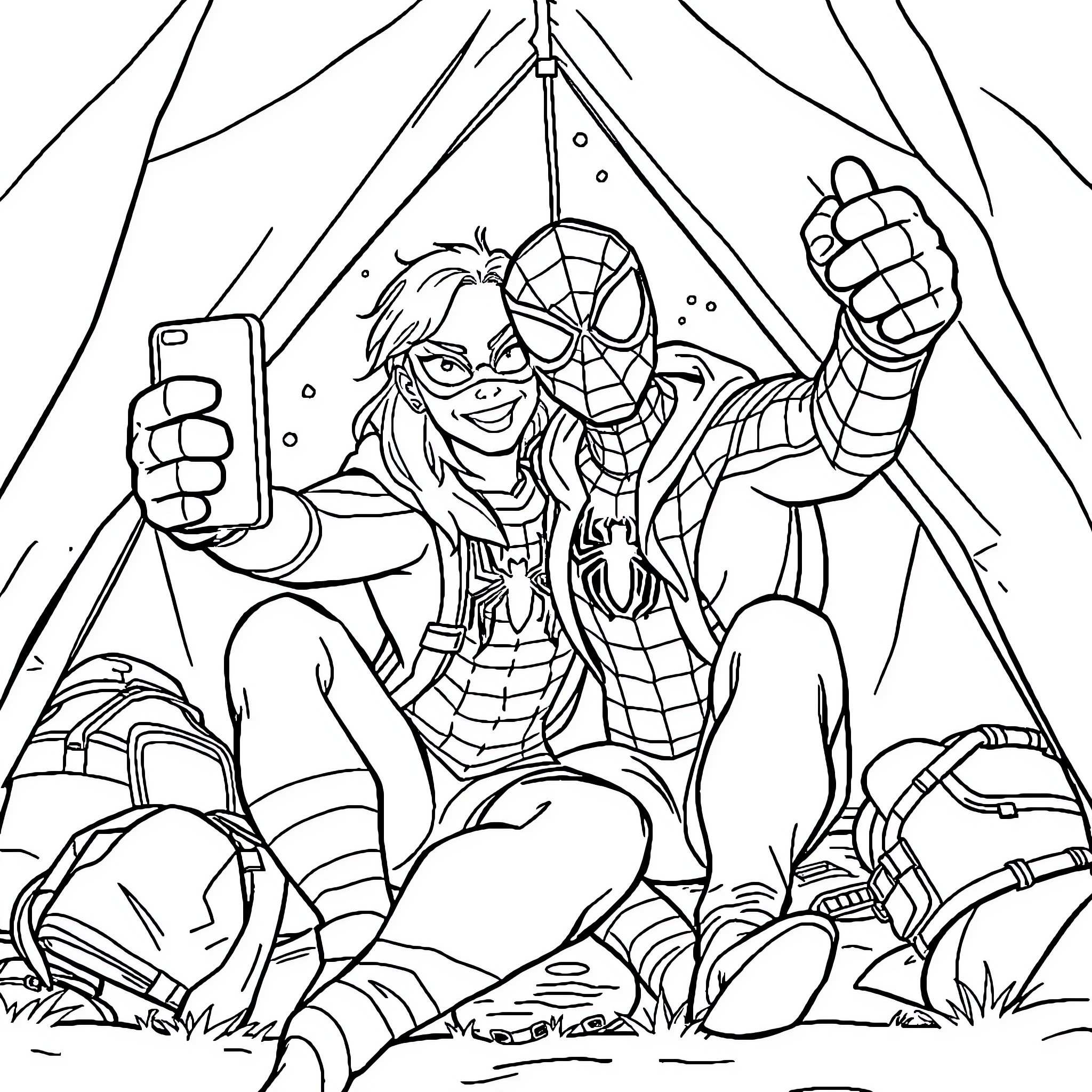 Spiderman taking a selfie in action pose Coloring Page (free black-and-white line drawing printable PDF for all, from beginners to advanced learners, including children, teens, adults, and seniors)