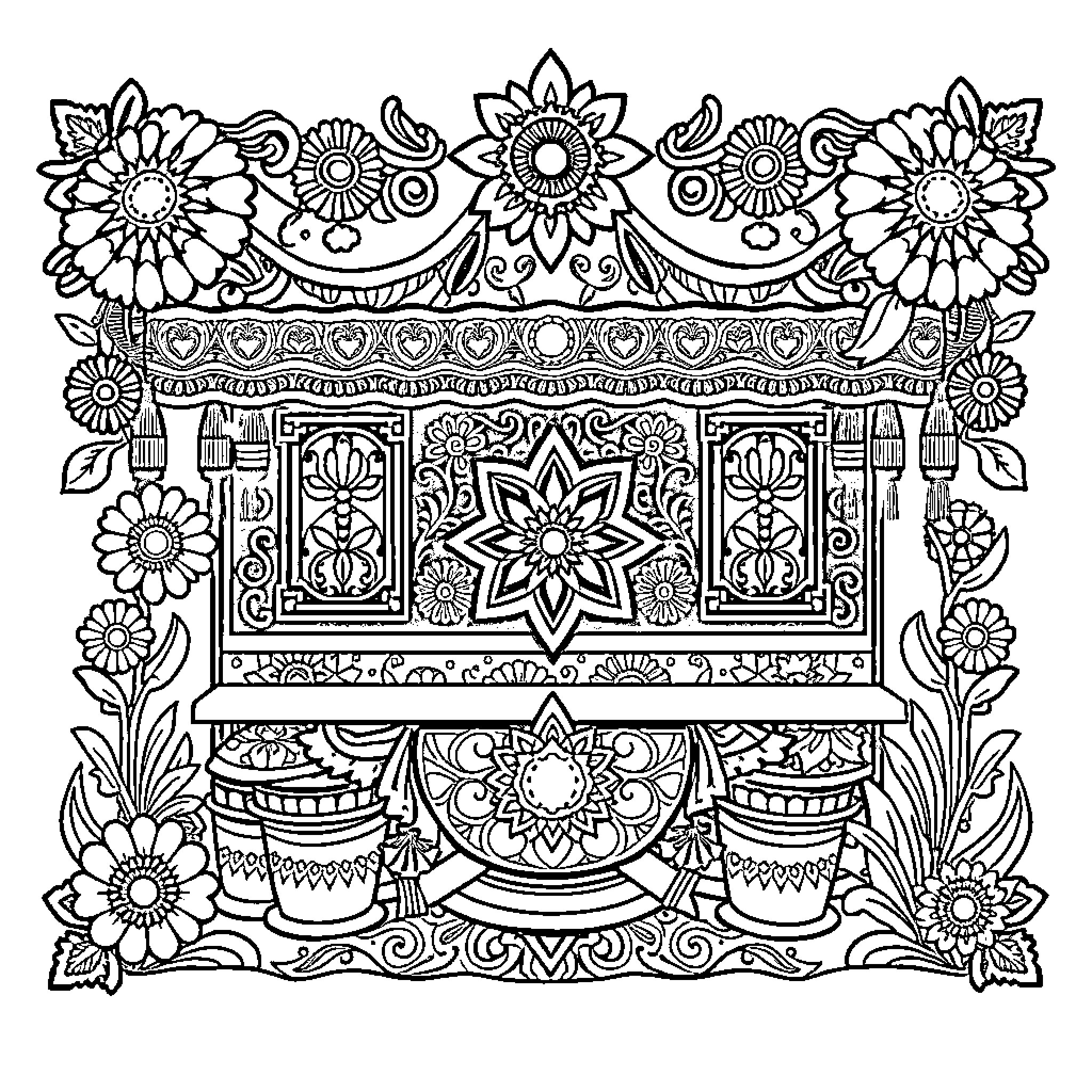 Mexican Theme Floral Ornate Display with Decorative Vases Coloring Page (free black-and-white line drawing printable PDF for all, from beginners to advanced learners, including children, teens, adults, and seniors)
