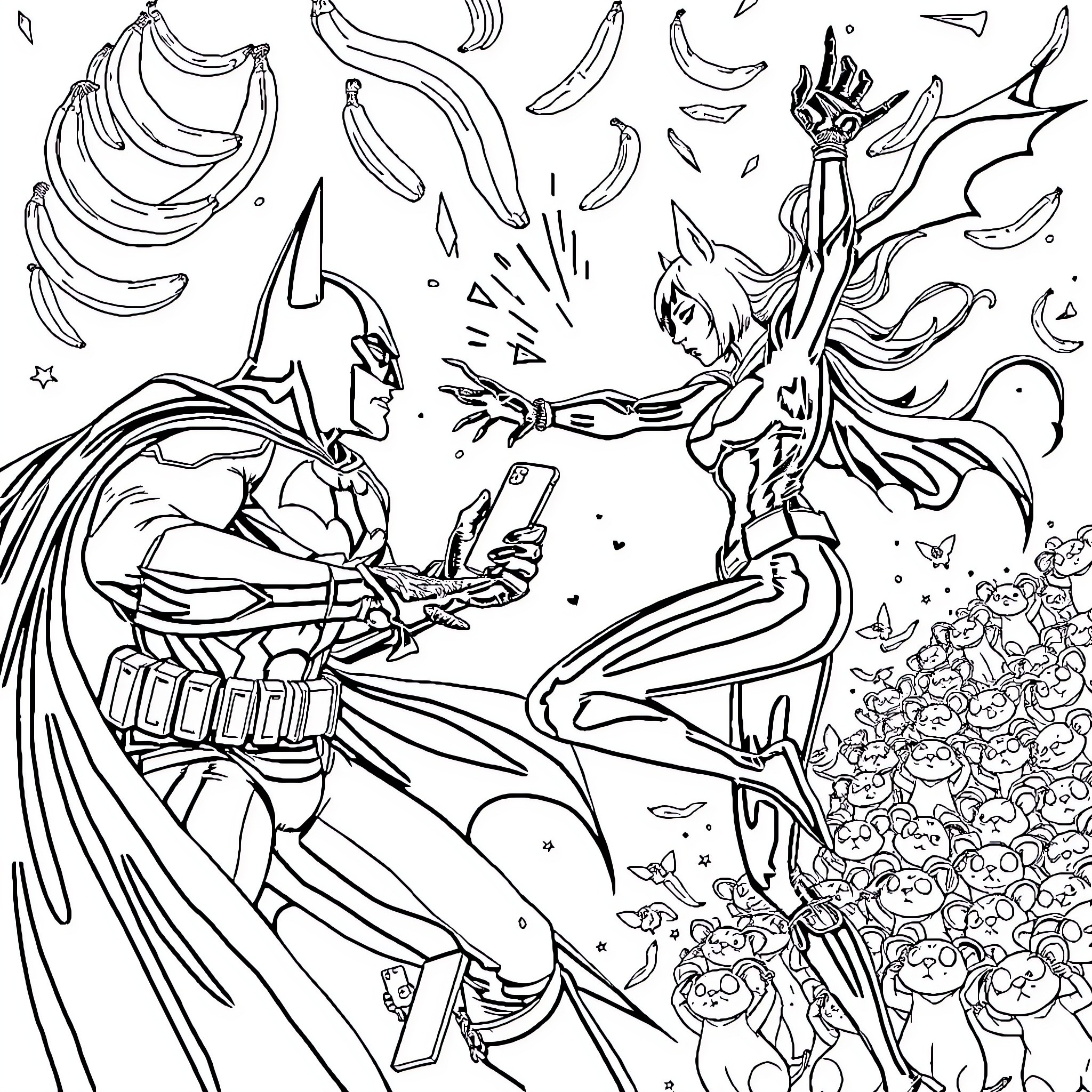 Batman battling a monstrous foe in a surreal landscape Coloring Page (free black-and-white line drawing printable PDF for all, from beginners to advanced learners, including children, teens, adults, and seniors)