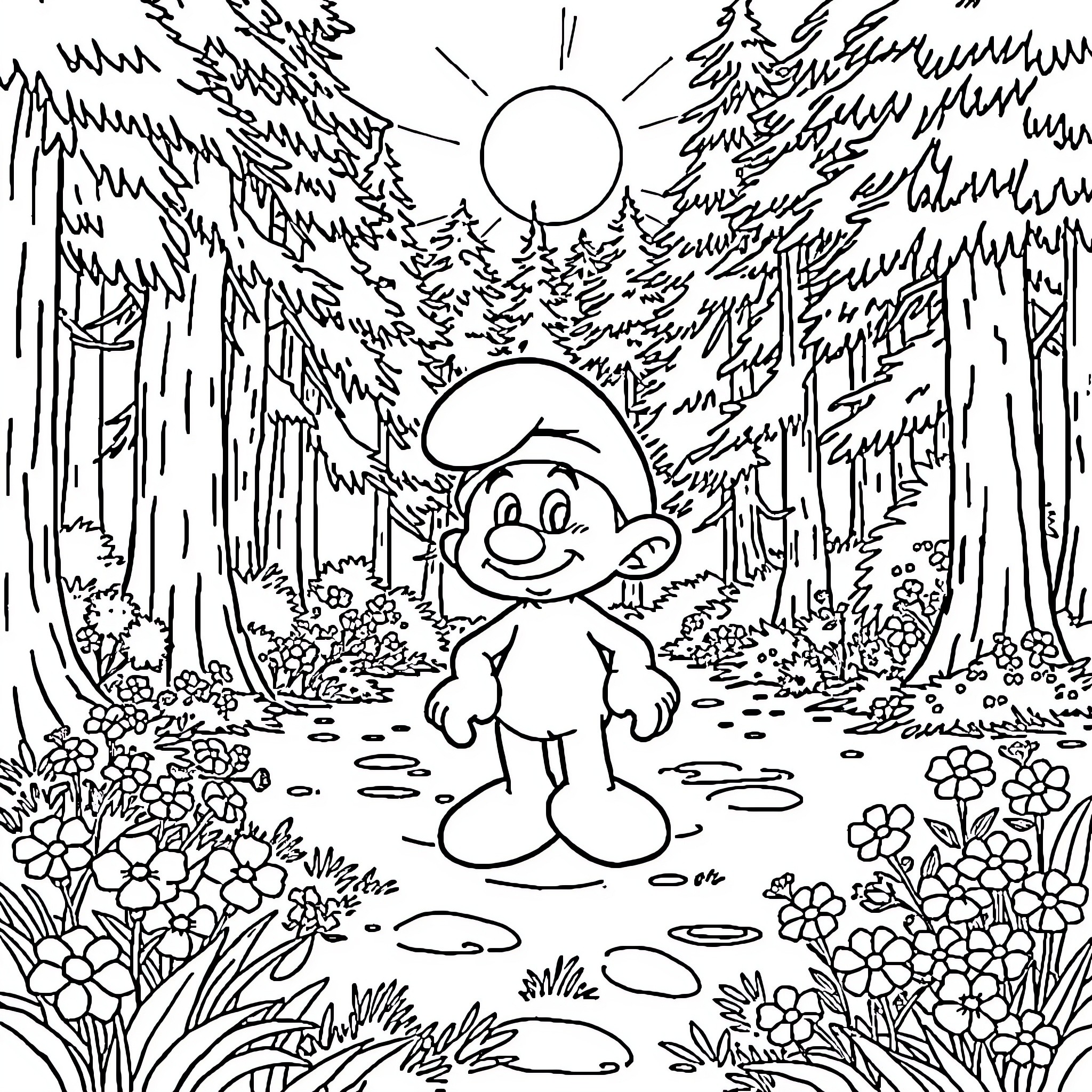 Smurfette exploring the whimsical forest landscape Coloring Page (free black-and-white line drawing printable PDF for all, from beginners to advanced learners, including children, teens, adults, and seniors)
