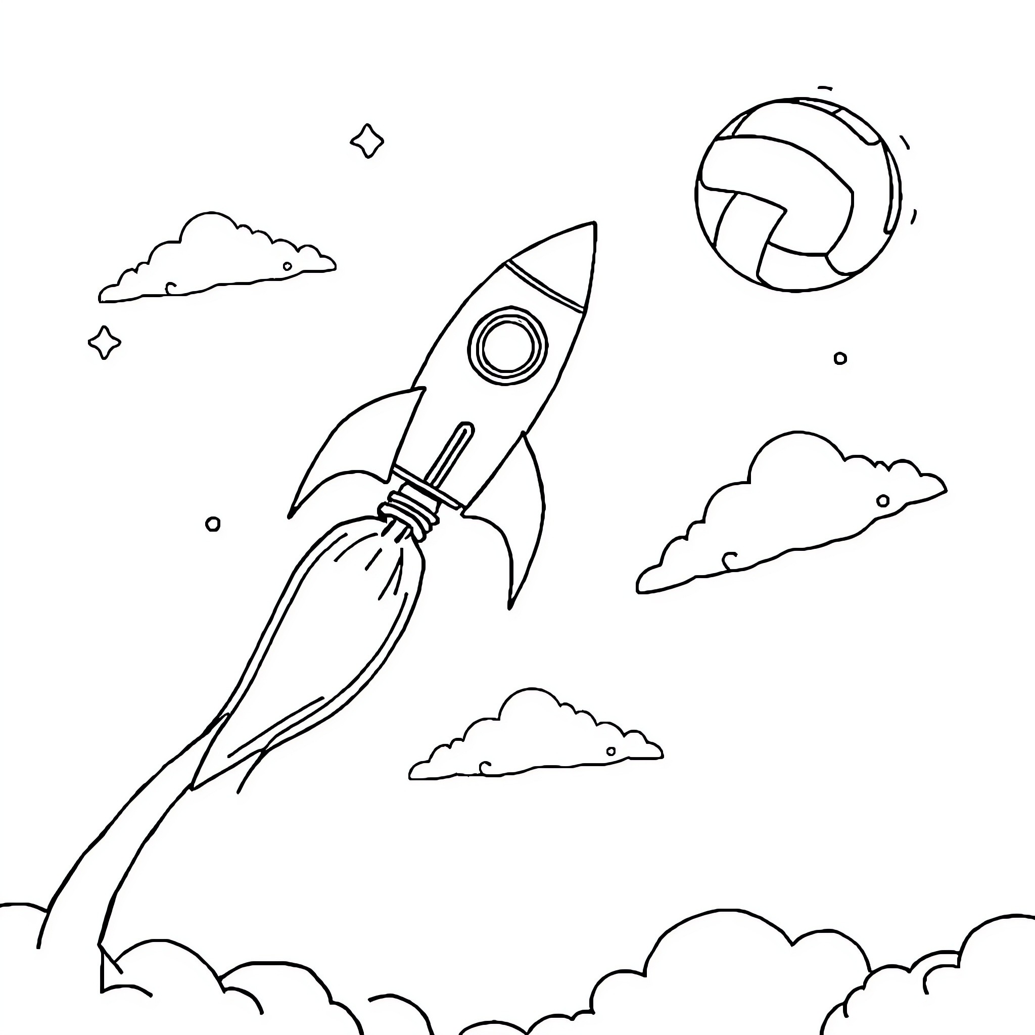 Rocket soaring through cosmic clouds and celestial objects Coloring Page (free black-and-white line drawing printable PDF for all, from beginners to advanced learners, including children, teens, adults, and seniors)