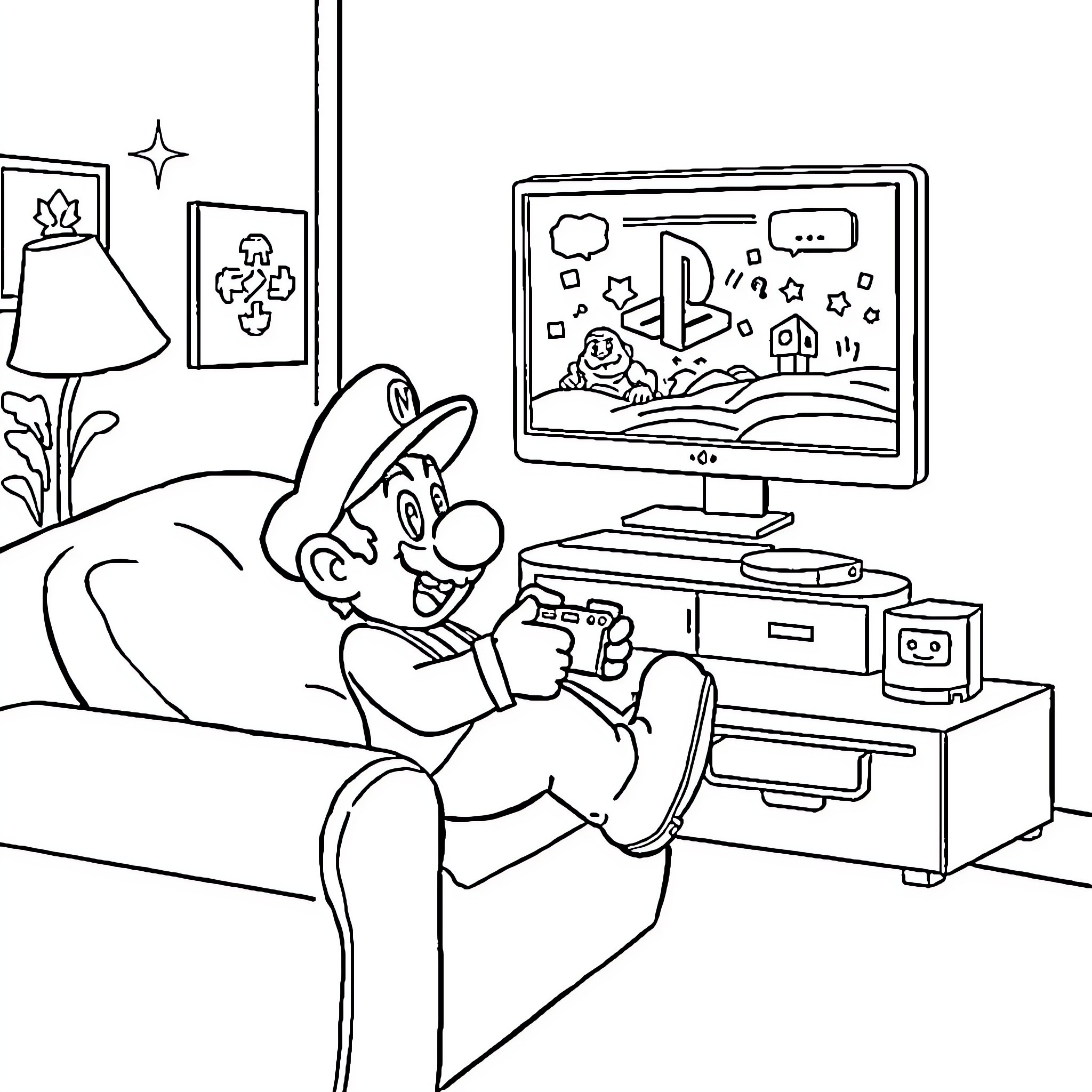 Mario enjoying a video game in his cozy room Coloring Page (free black-and-white line drawing printable PDF for all, from beginners to advanced learners, including children, teens, adults, and seniors)